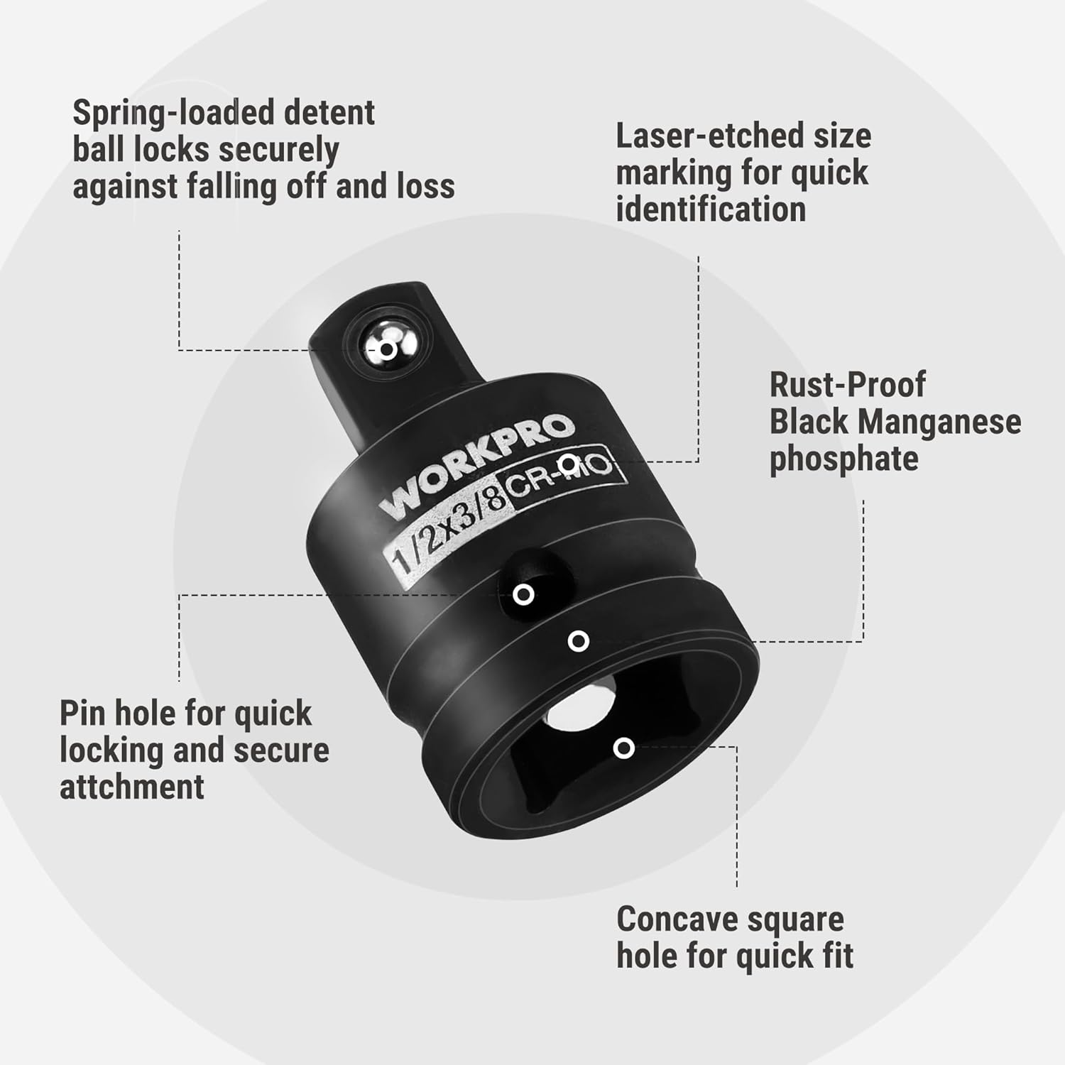WORKPRO impact adapter with spring-loaded detent ball, pin hole, and laser-etched size markings