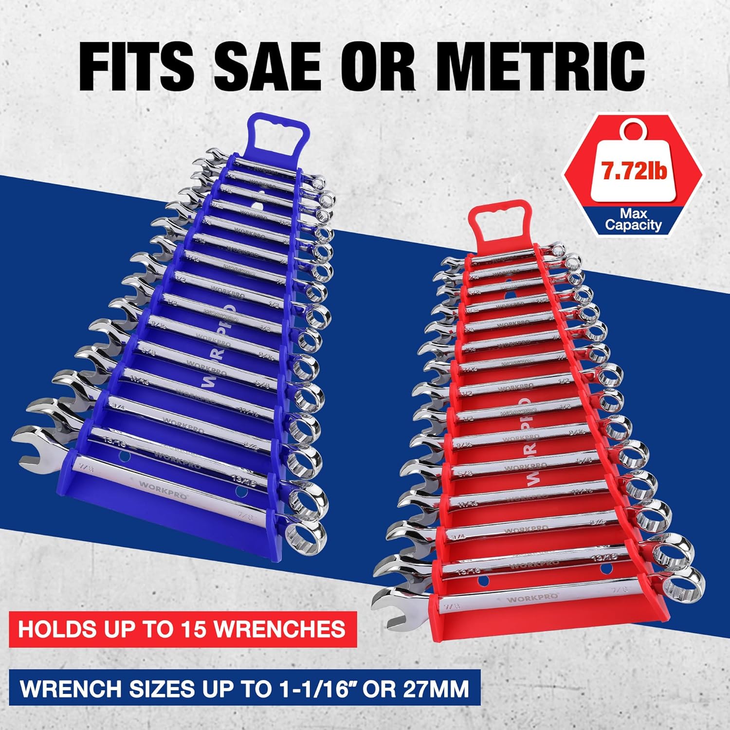 Blue and red magnetic wrench organizer racks with gripper slots for different sizes