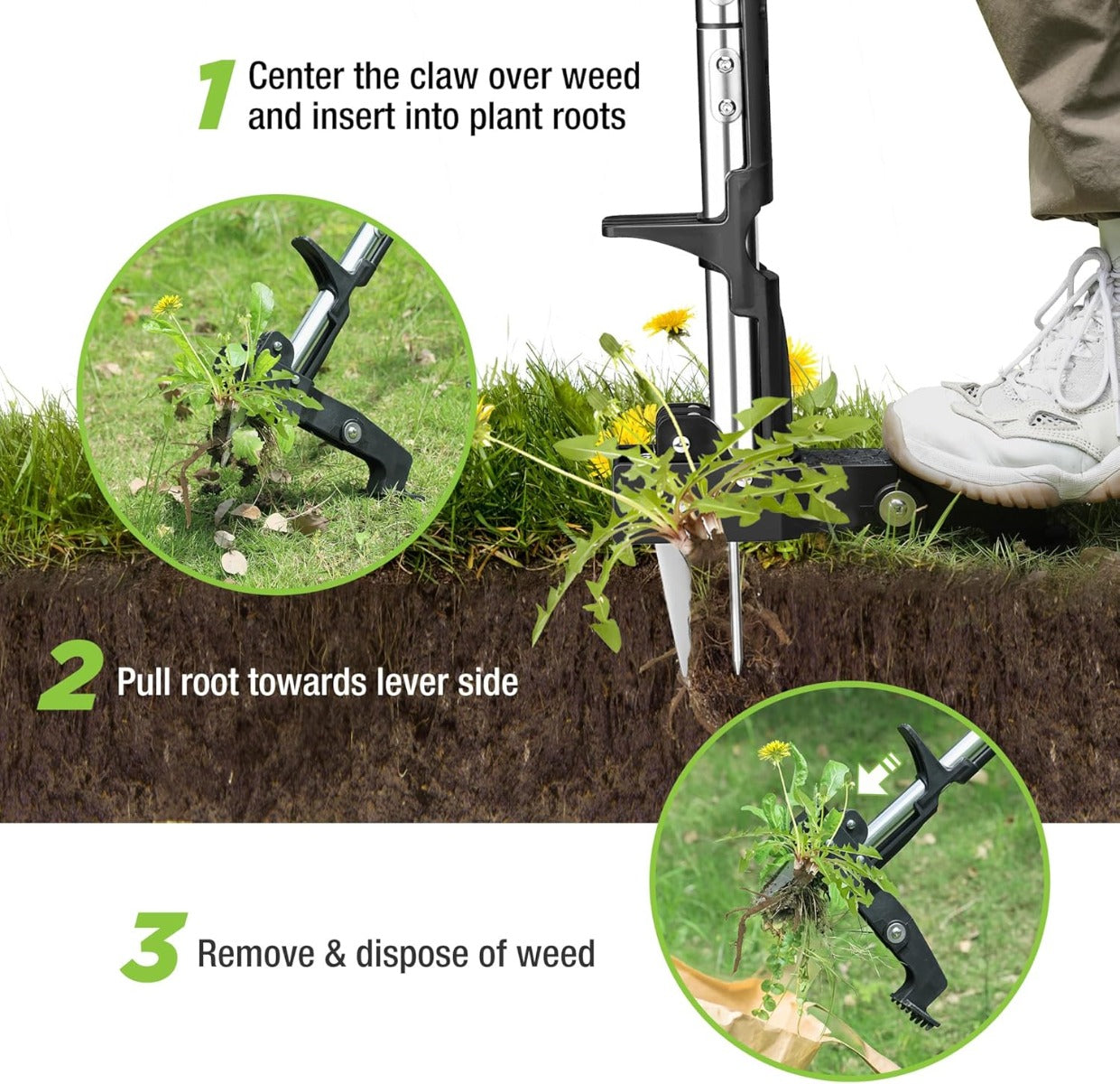 Stand-up weed remover tool with black claw mechanism for grabbing roots and pulling up