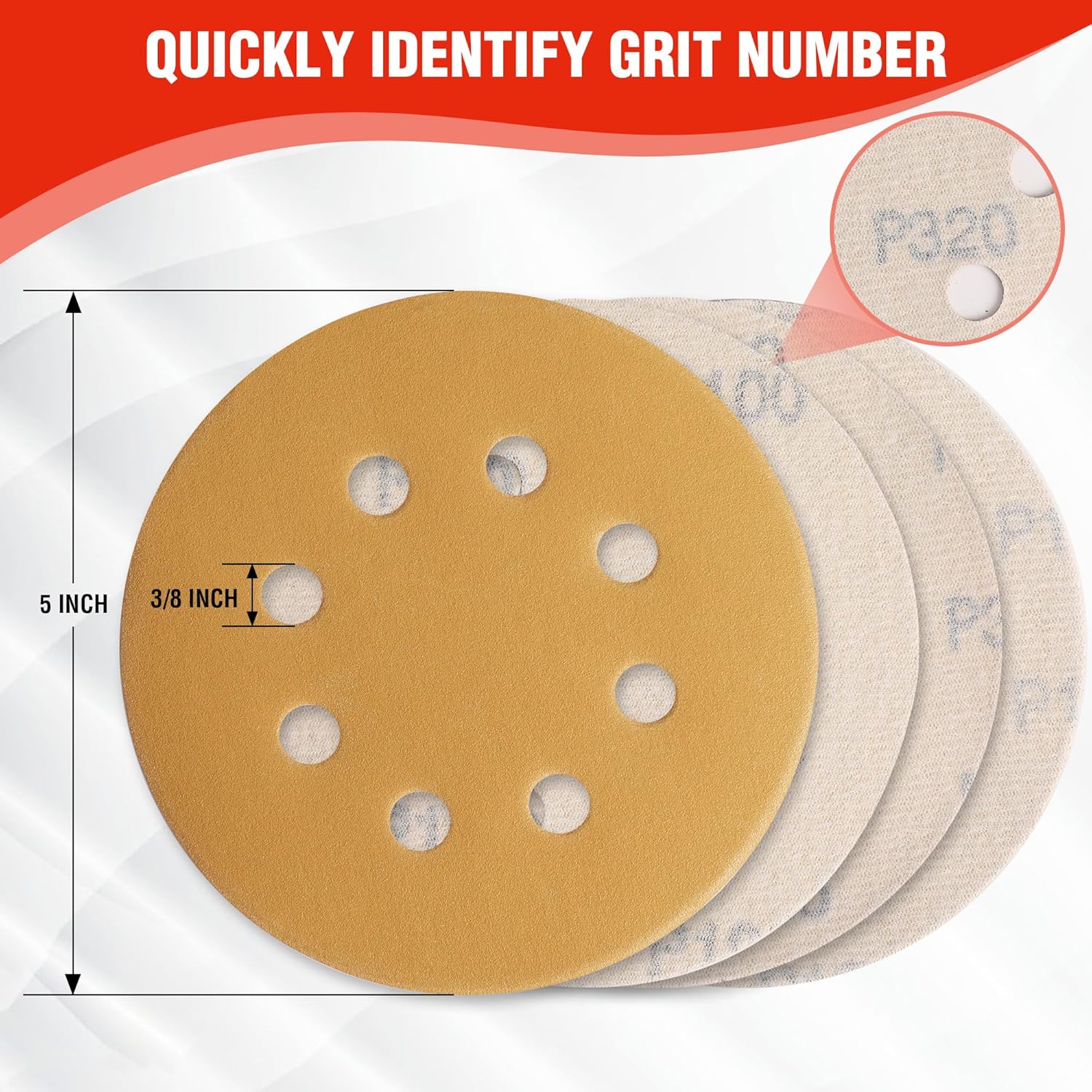 Round gold sanding disc with multiple dust holes and grit label window detail