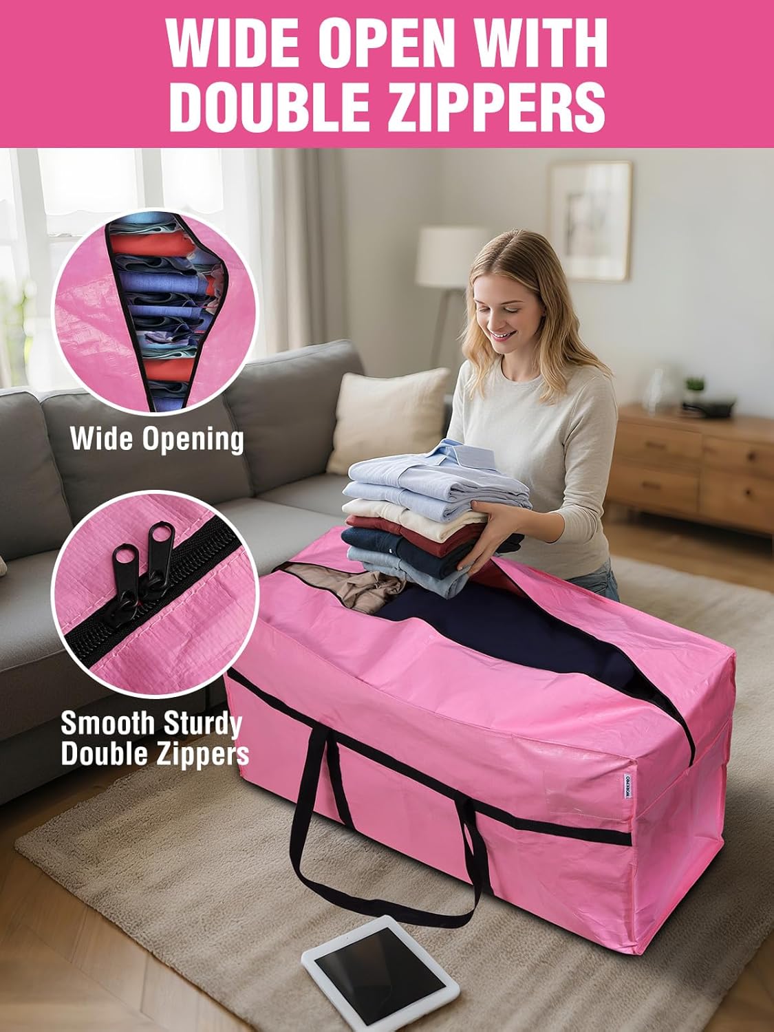 Pink bag with wide double-zip opening and smooth double zippers for easy access.