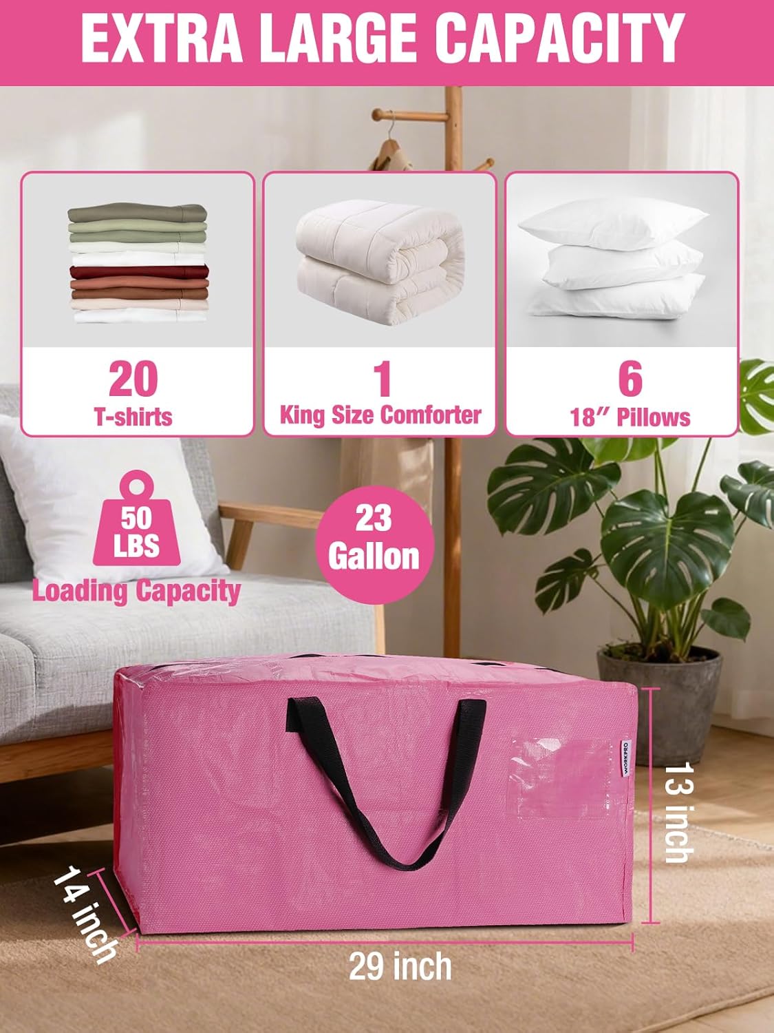 Pink extra-large moving storage bag with twin black handles and zipper closure