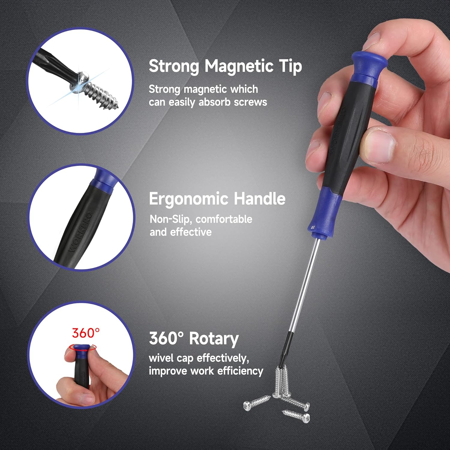 Blue-and-black precision magnetic screwdriver with ergonomic handle held in hand