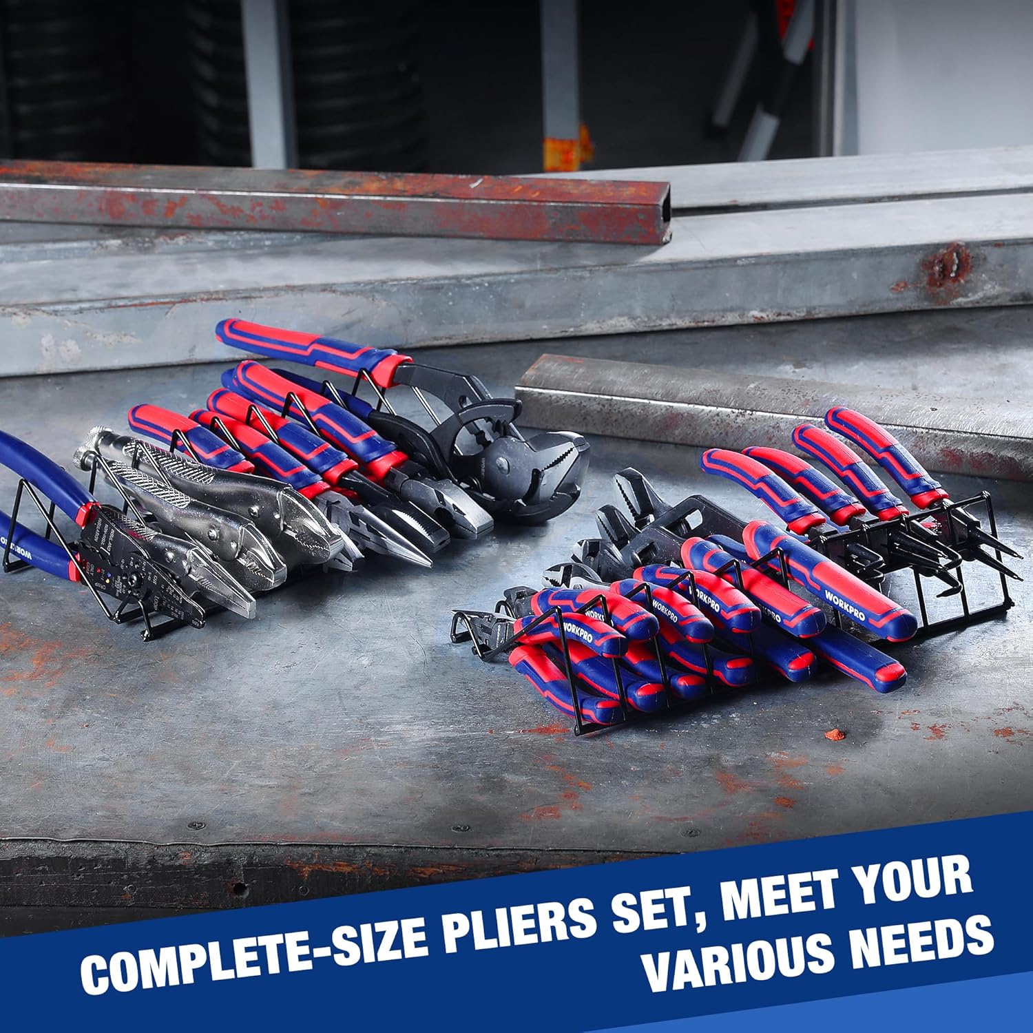 Complete pliers assortment with red-and-blue insulated handles on a workshop workbench