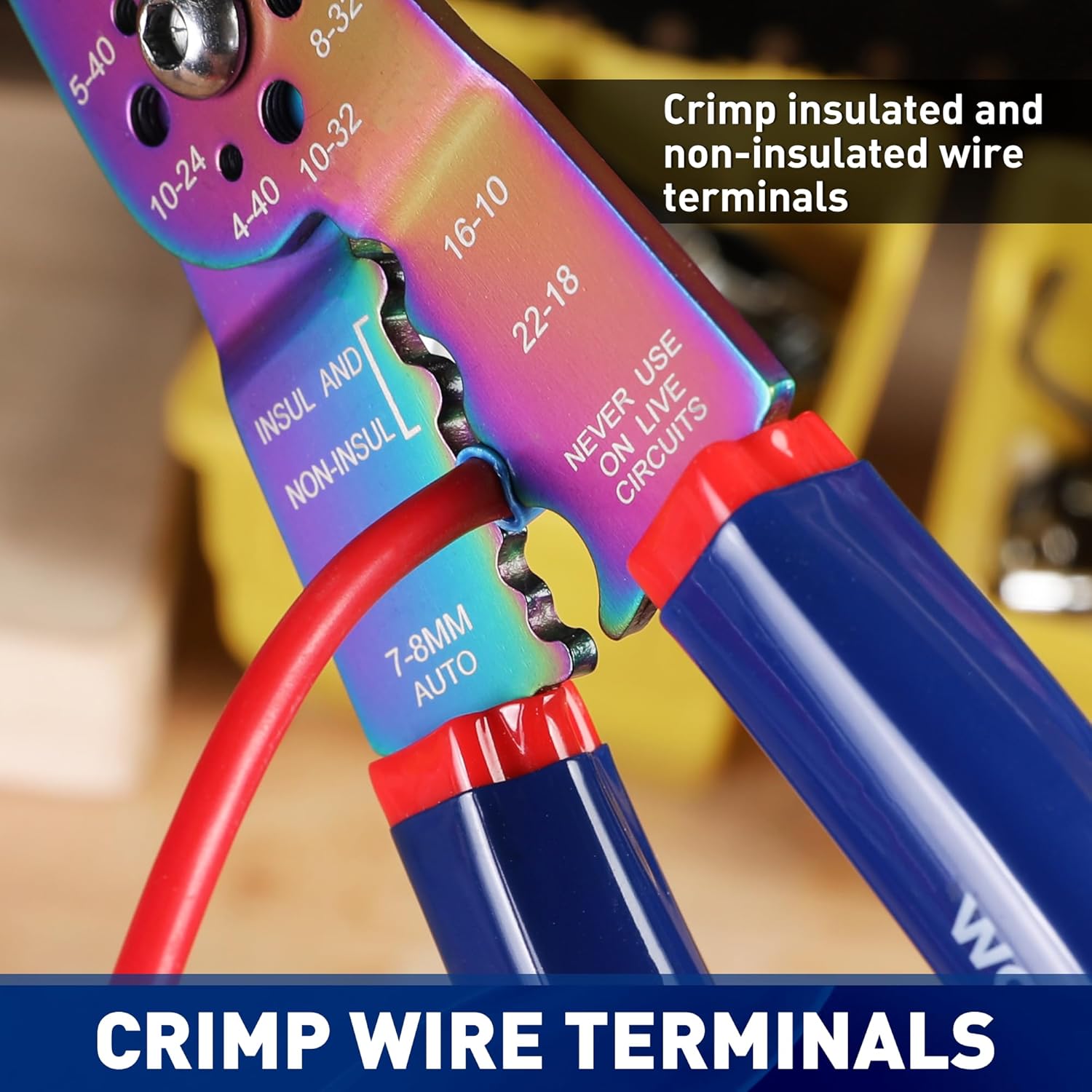 Crimping jaws on a wire stripper tool with rainbow finish for insulated and non-insulated terminals