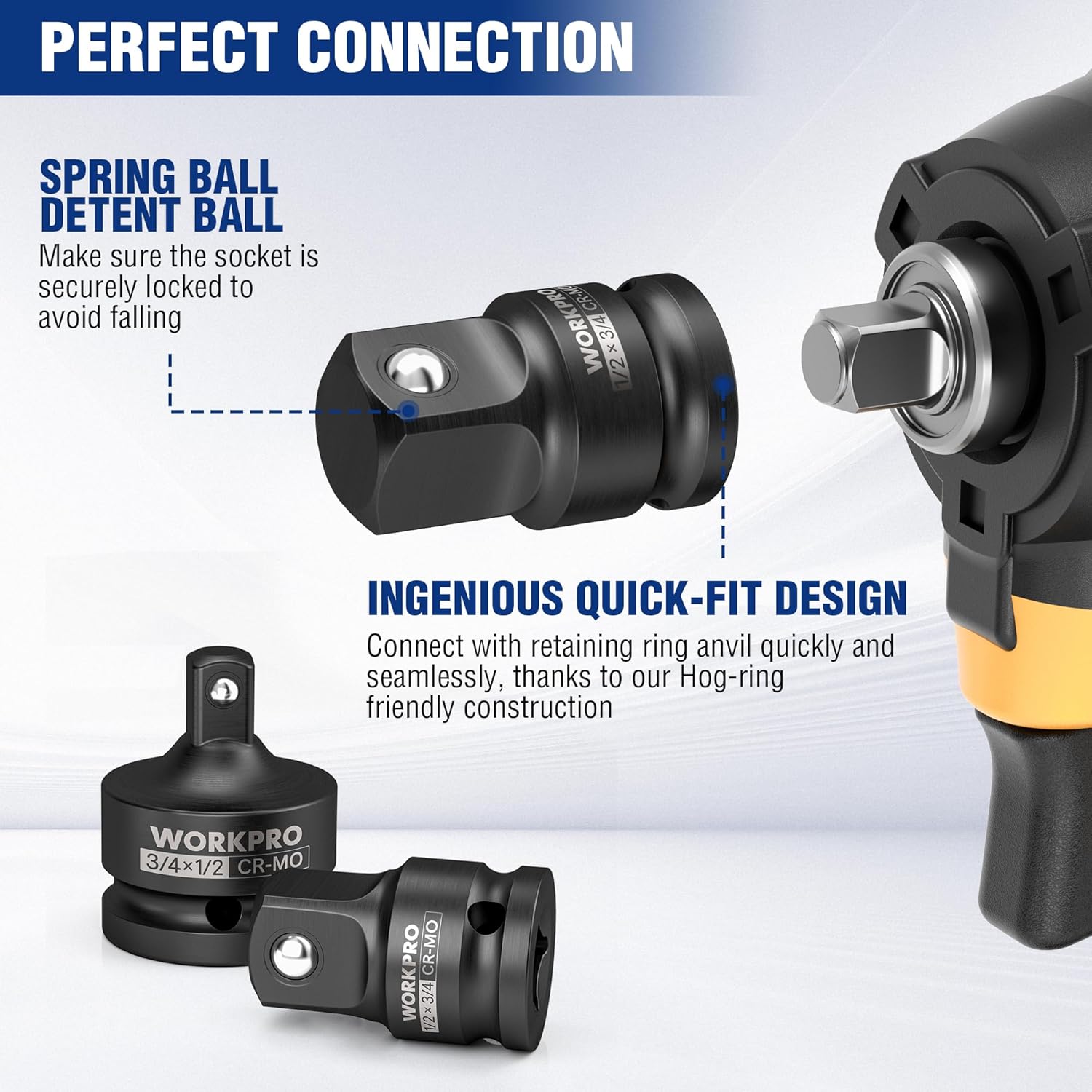 WORKPRO impact socket adapter with spring ball detent, quick-fit connection