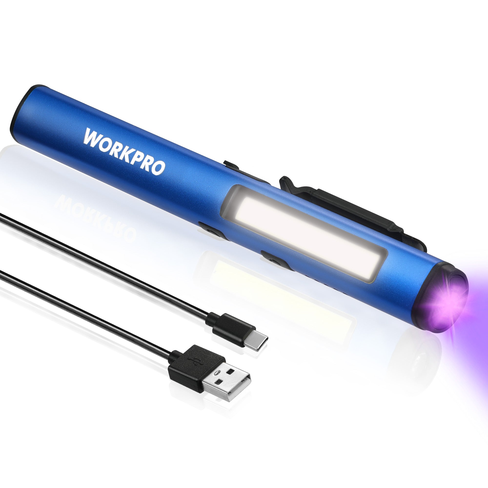 WORKPRO LED Pen Light with UV Flashlight, 2 White Lighting Modes with 450 Lumens Max, Blue