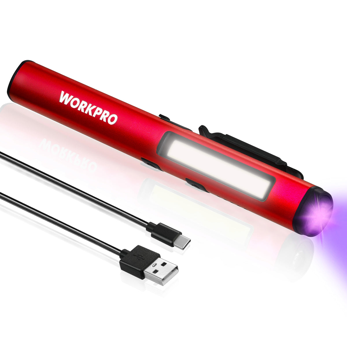 WORKPRO LED Pen Light with UV Flashlight, 2 White Lighting Modes with 450 Lumens Max, Red