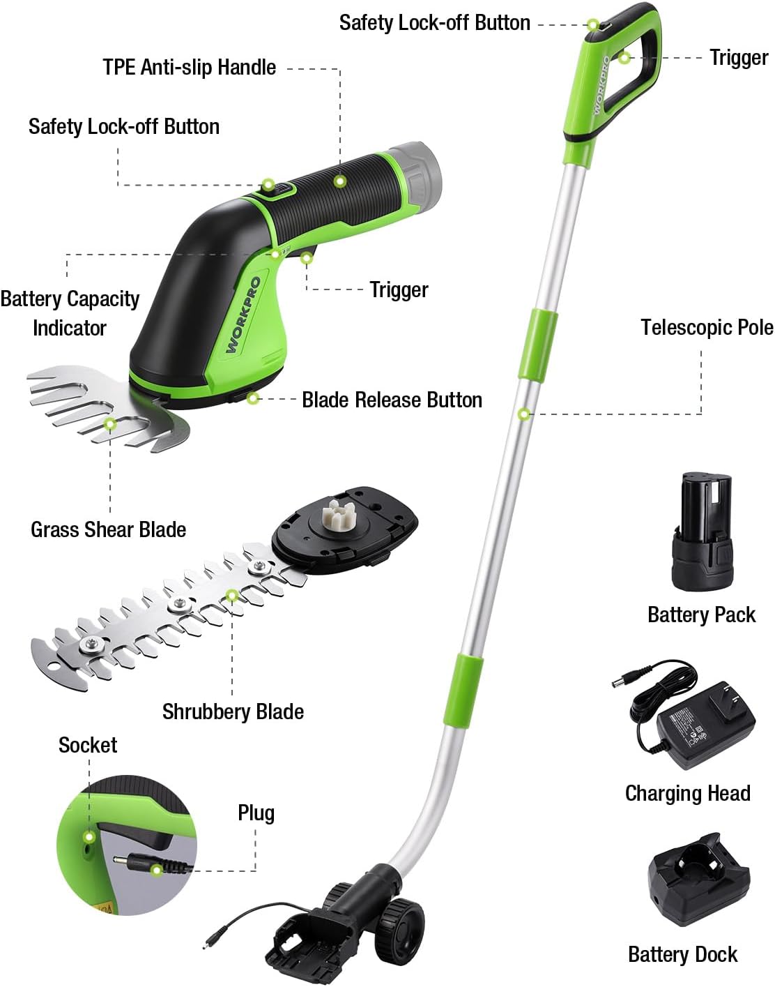 Cordless grass shear with telescopic pole, battery pack, charger dock, and spare blades