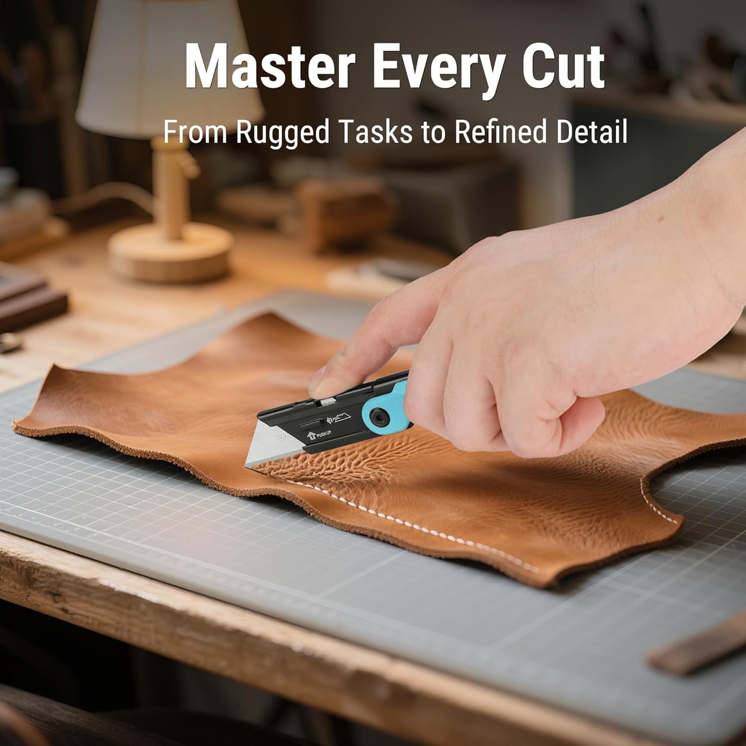 Blue folding utility knife cutting brown material on a tabletop cutting mat