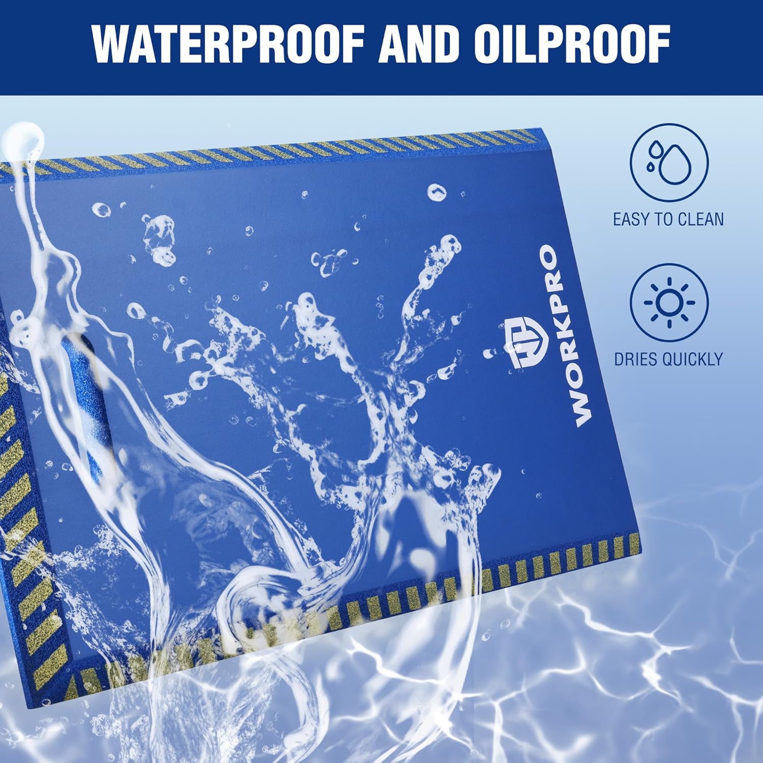 Blue waterproof and oilproof kneeling pad with easy-clean surface and yellow grip ridges.