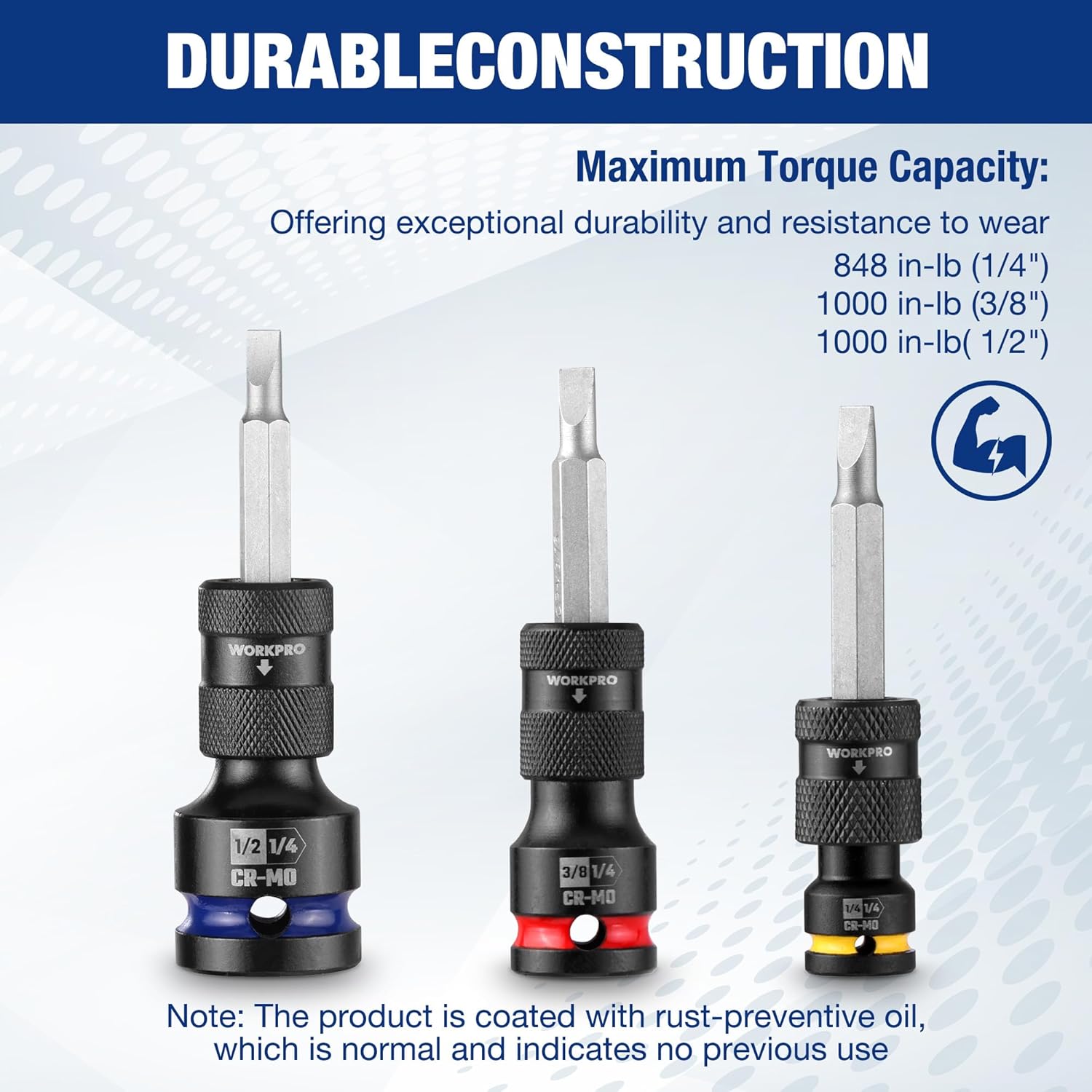 Quick-release hex impact bit adapters with three driver bits, black and color bands