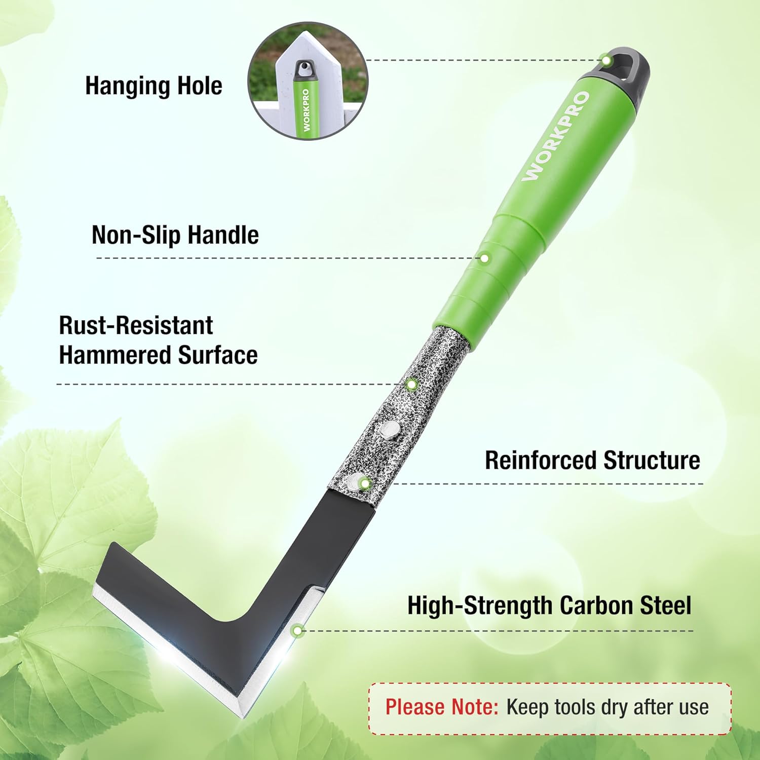Hammered steel garden hoe with non-slip green handle and textured head