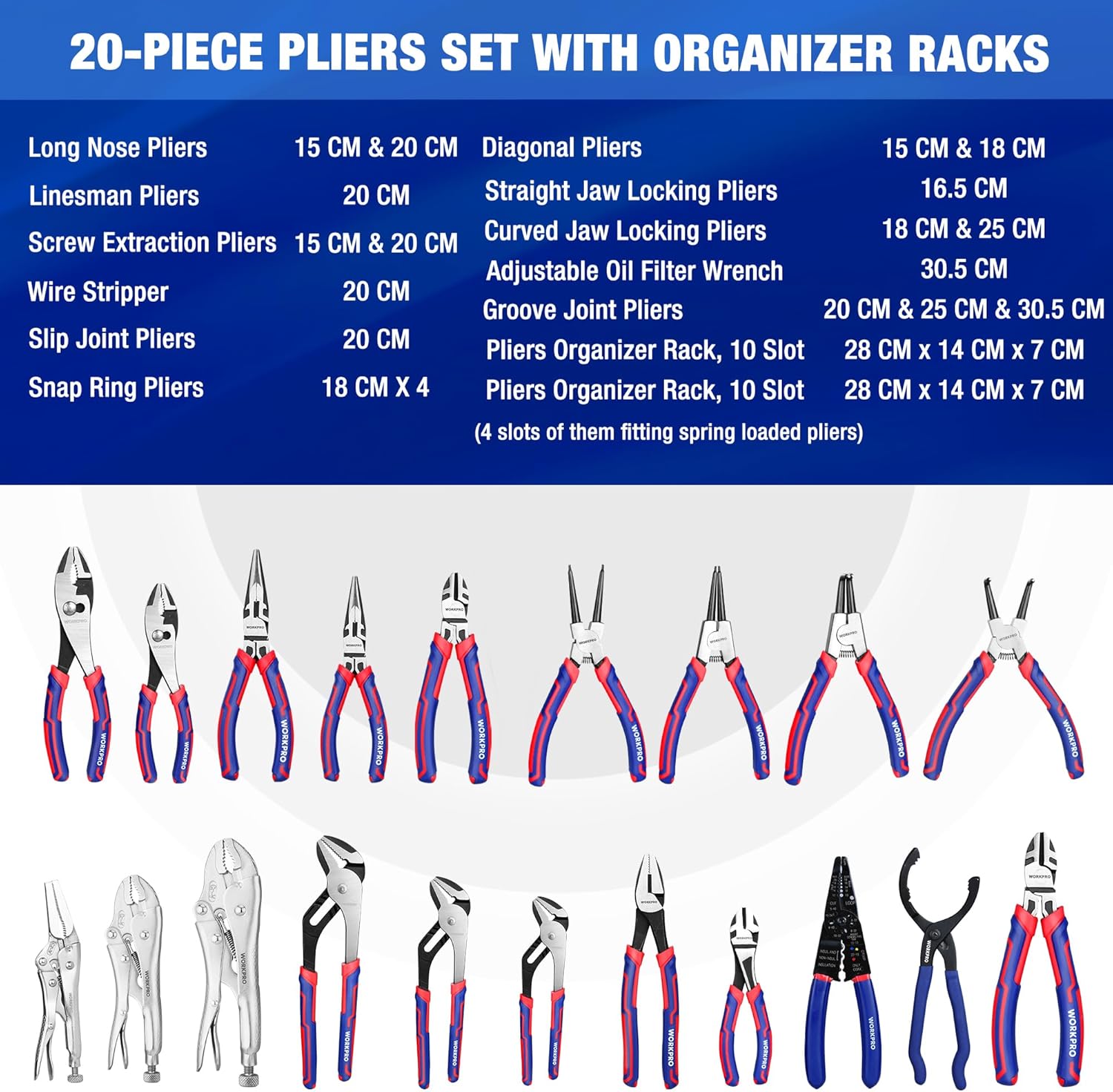 20-piece pliers set with red and blue insulated handles, shown in a full lineup