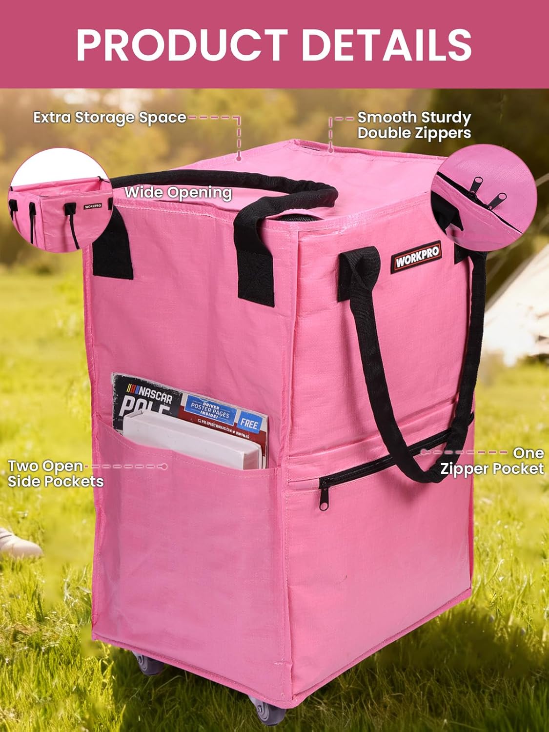Pink rolling tote with wide opening, double zippers, and side zipper pocket details