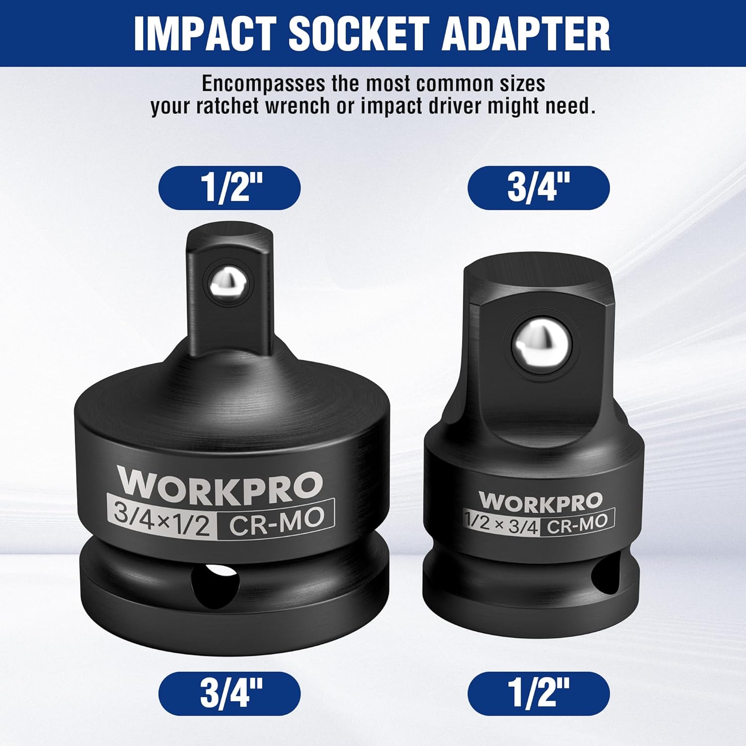 Impact socket reducer adapters, black CR-Mo, 3/4 in to 1/2 in and 1/2 in to 3/4 in
