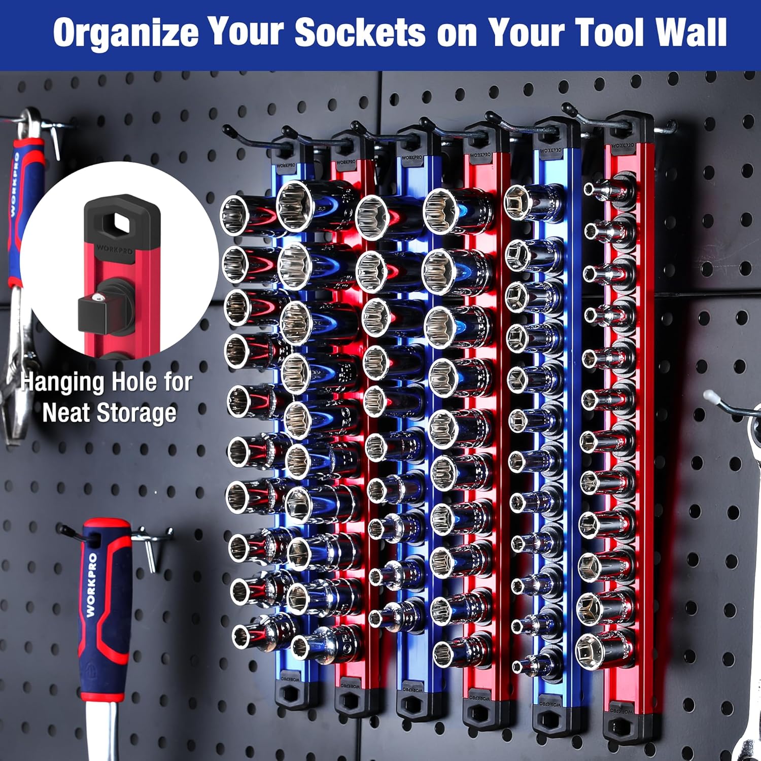 Mounted socket organizer on pegboard with blue and red rails holding sockets