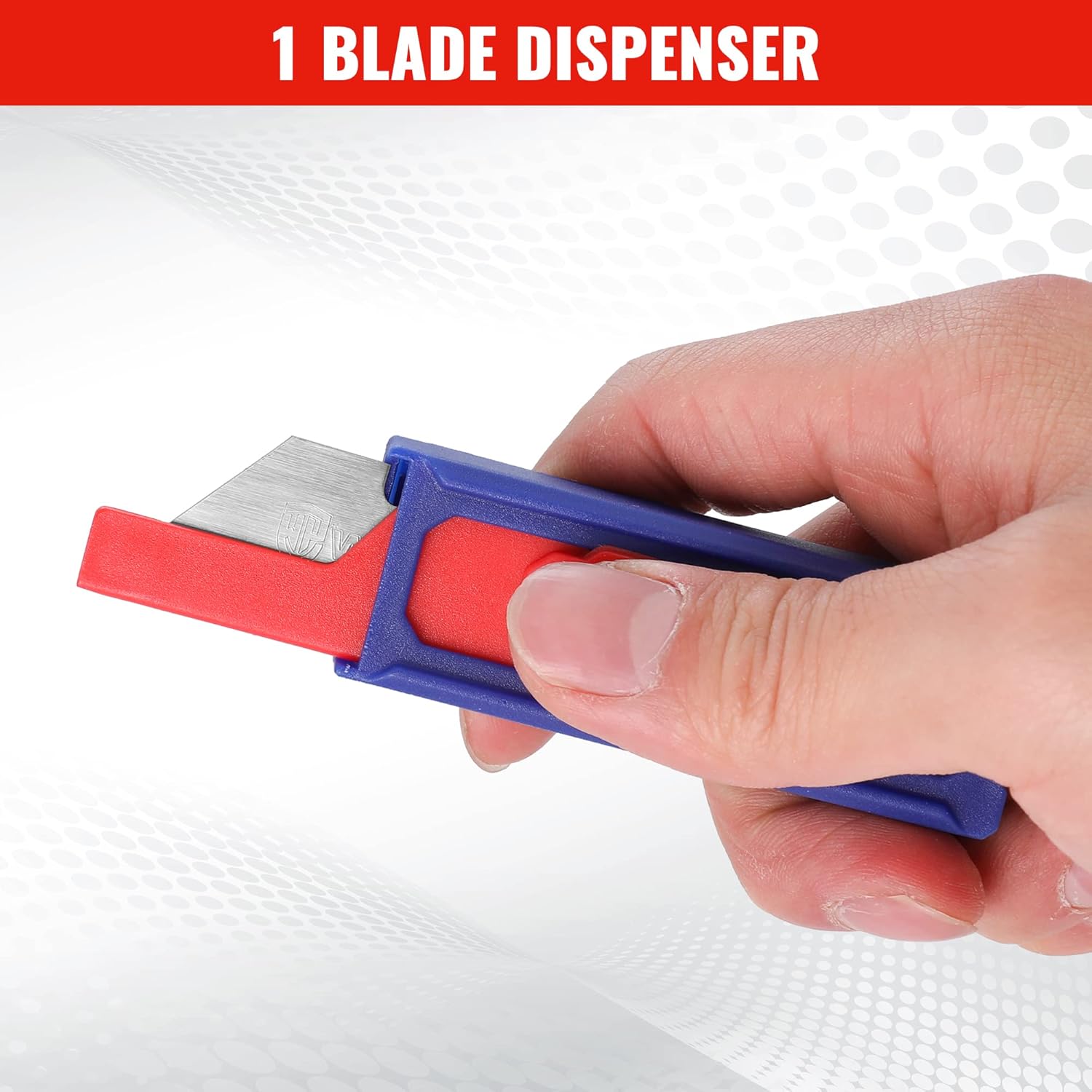 Utility knife blade dispenser with red blade and blue handle, held by a hand