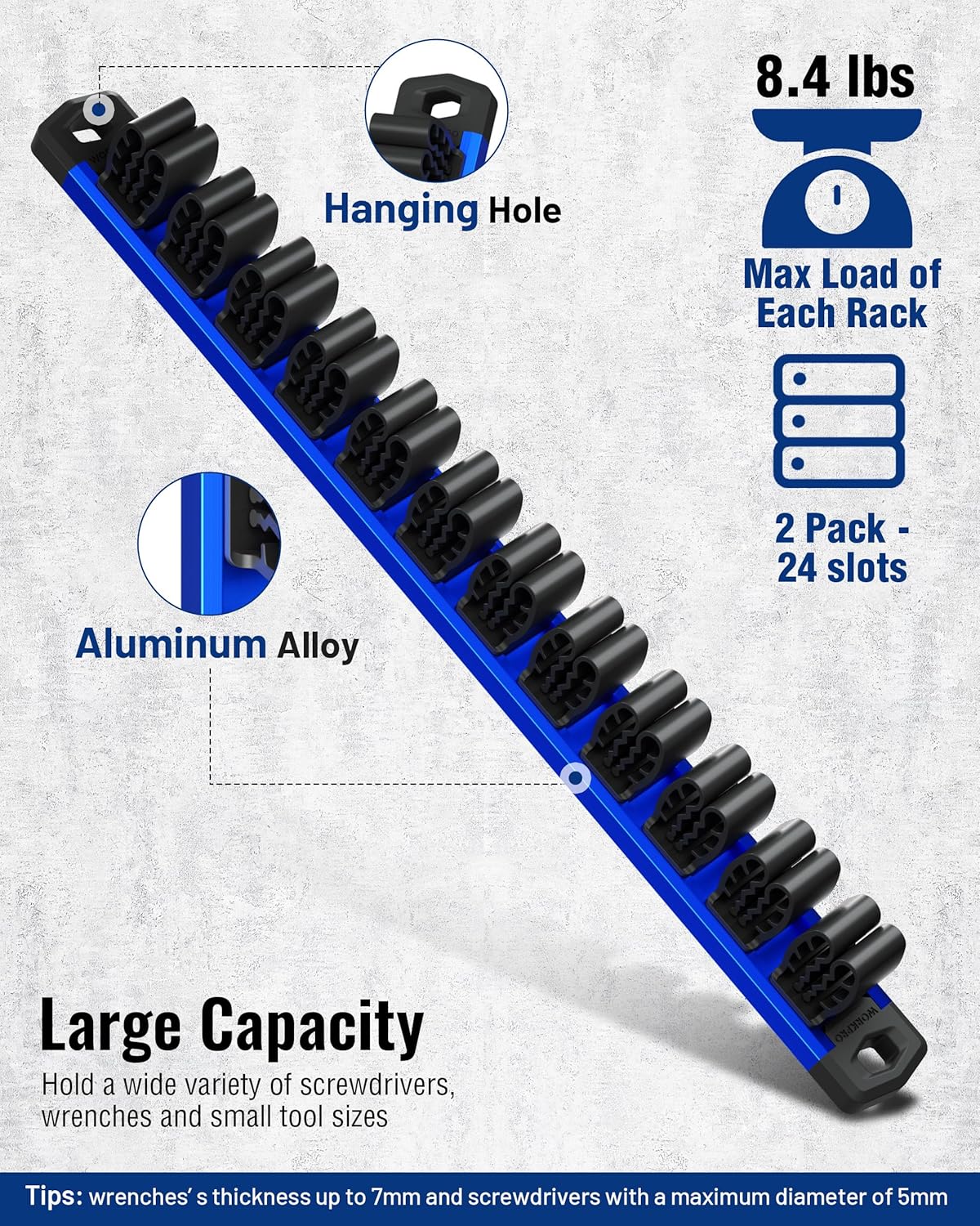 Blue aluminum alloy magnetic rack with hanging hole and multiple tool holder sleeves