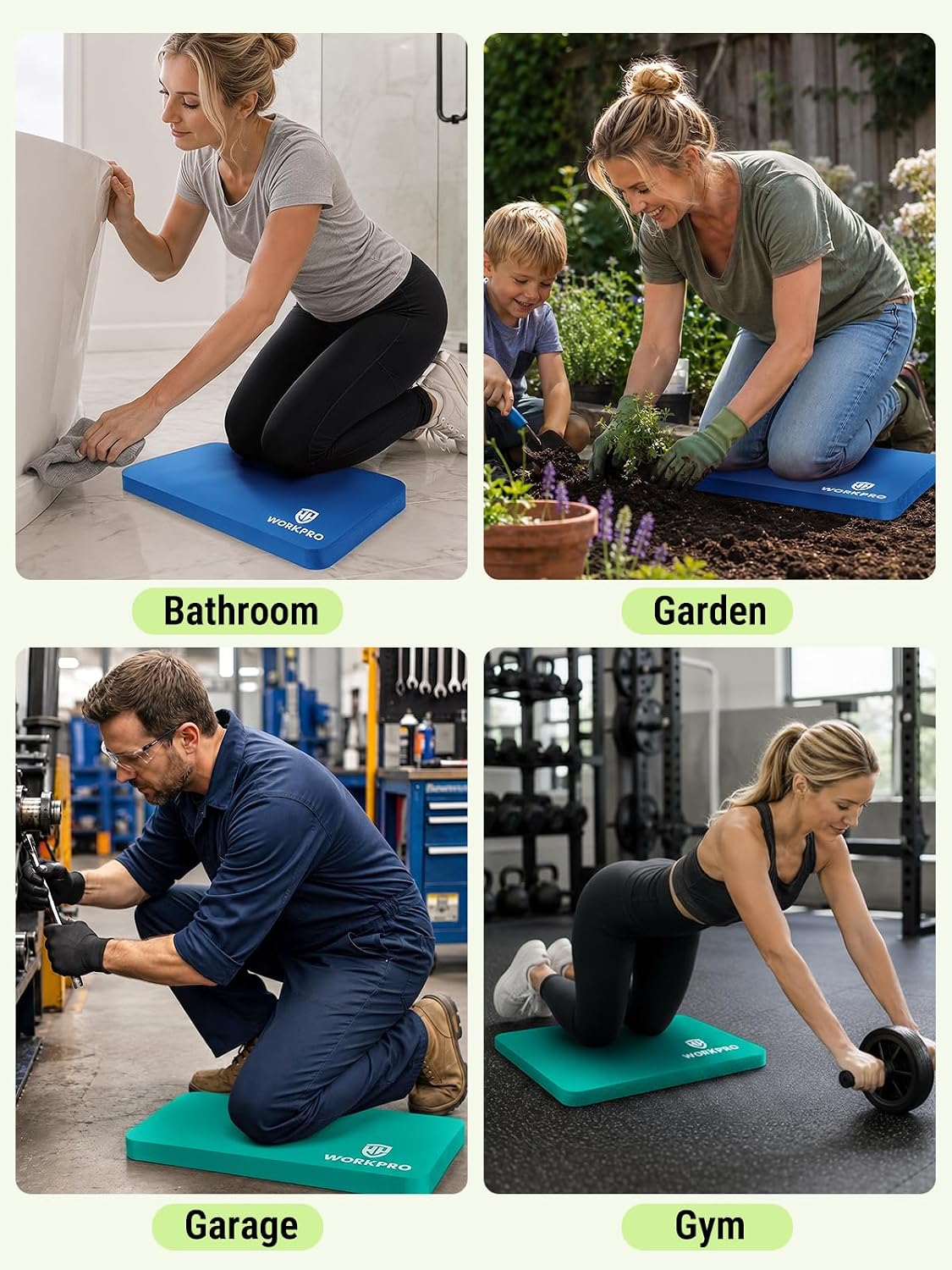 Teal kneeling pad shown in home, garden, garage, and gym for comfortable support