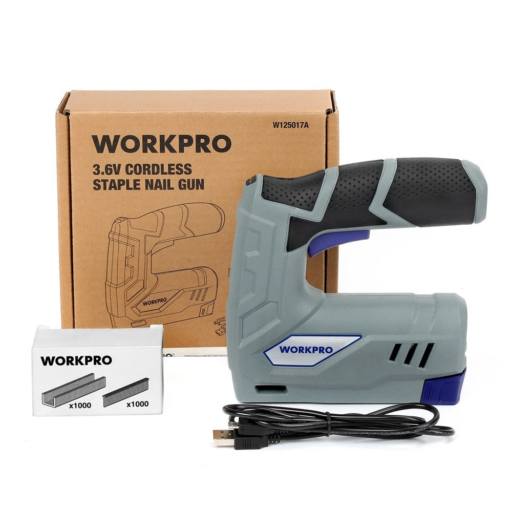 WORKPRO 3.6V Electric Staple Nail Gun with USB cable, innovation and durable quality in gray and blue