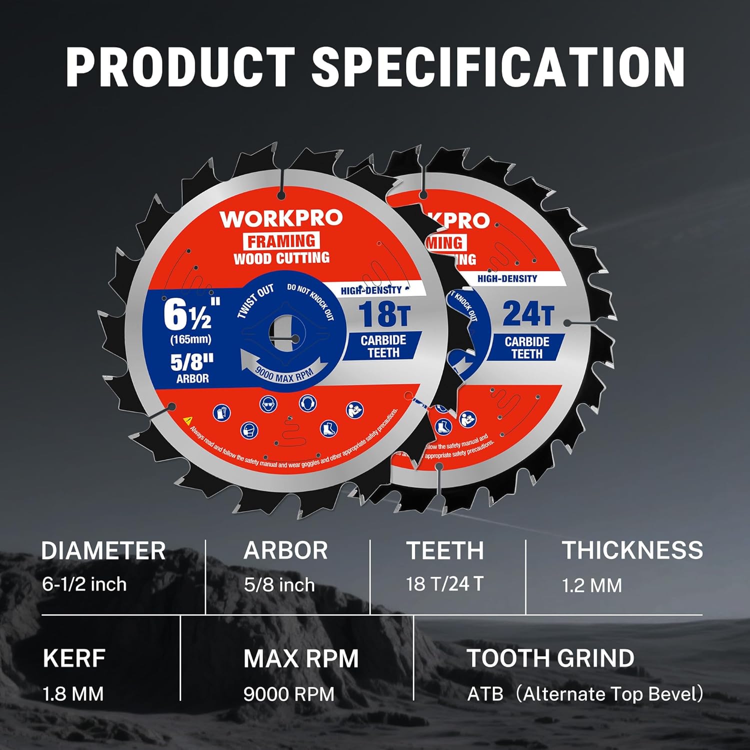 WORKPRO 6-1/2 in circular saw blades set, 18T and 24T tooth info