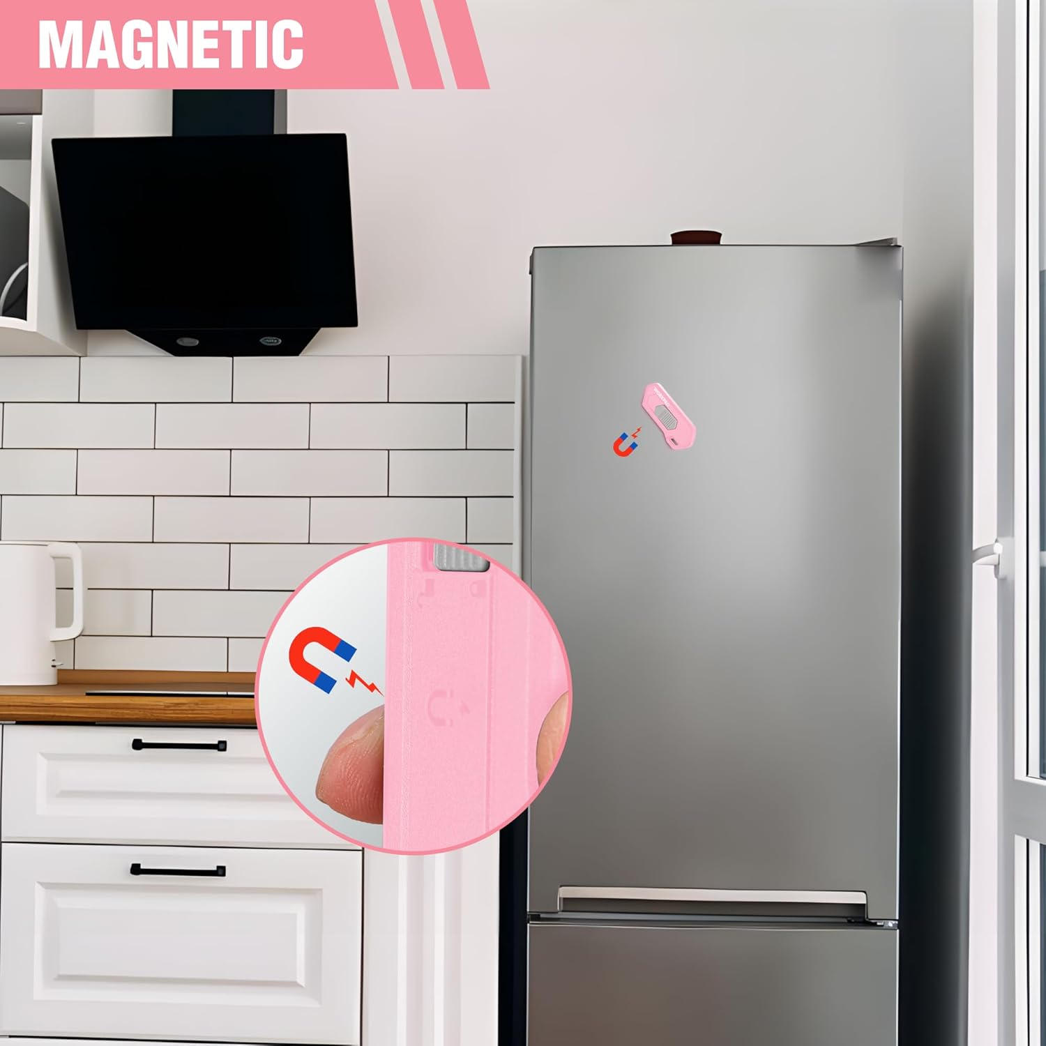Pink safety box cutter with blade guard, shown near a kitchen cabinet