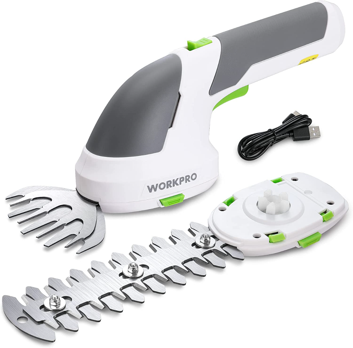 2-in-1 handheld electric trimmer with shrub and grass blades, plus Type-C charging cable
