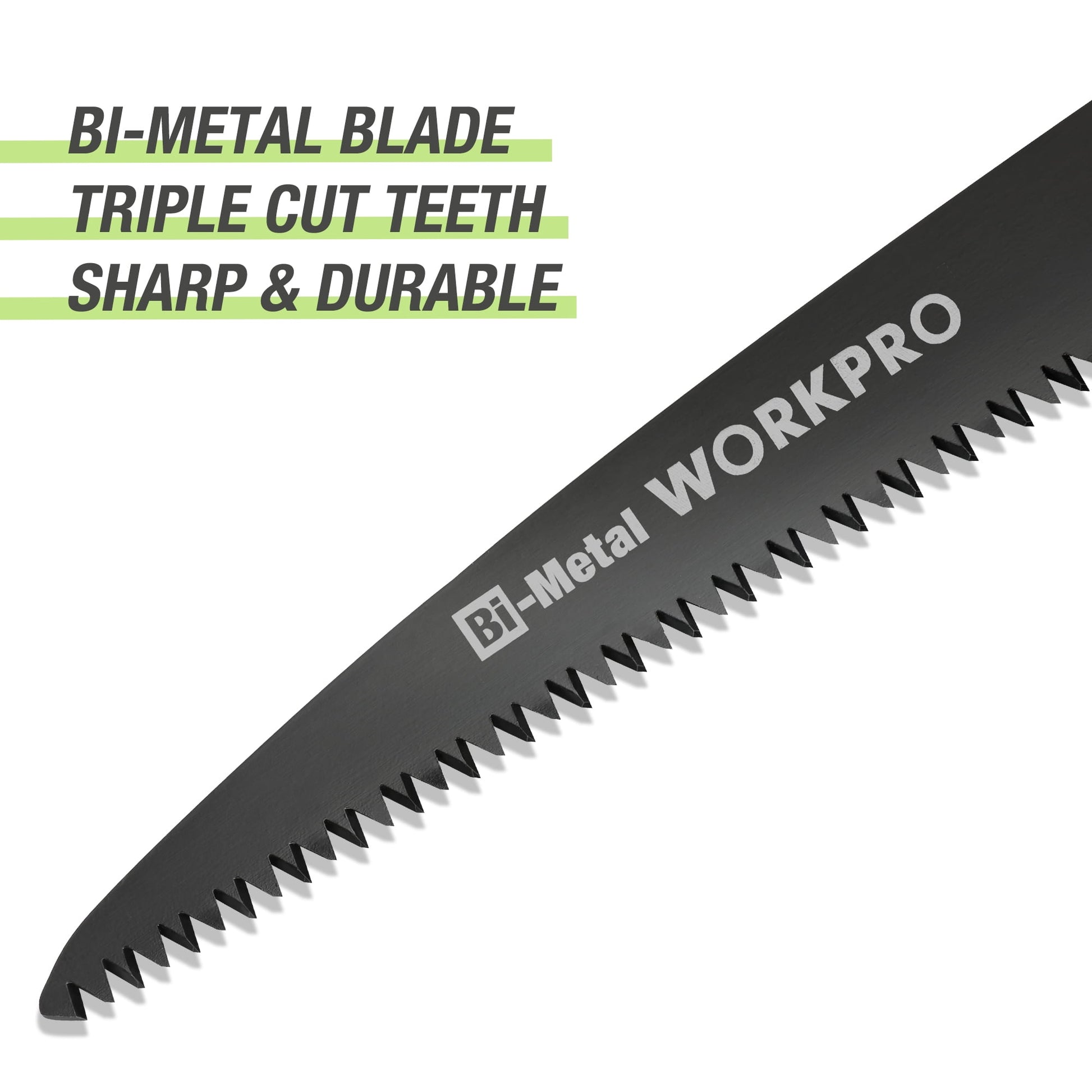 Bi-metal folding saw blade with triple-cut teeth, sharp serrated edge