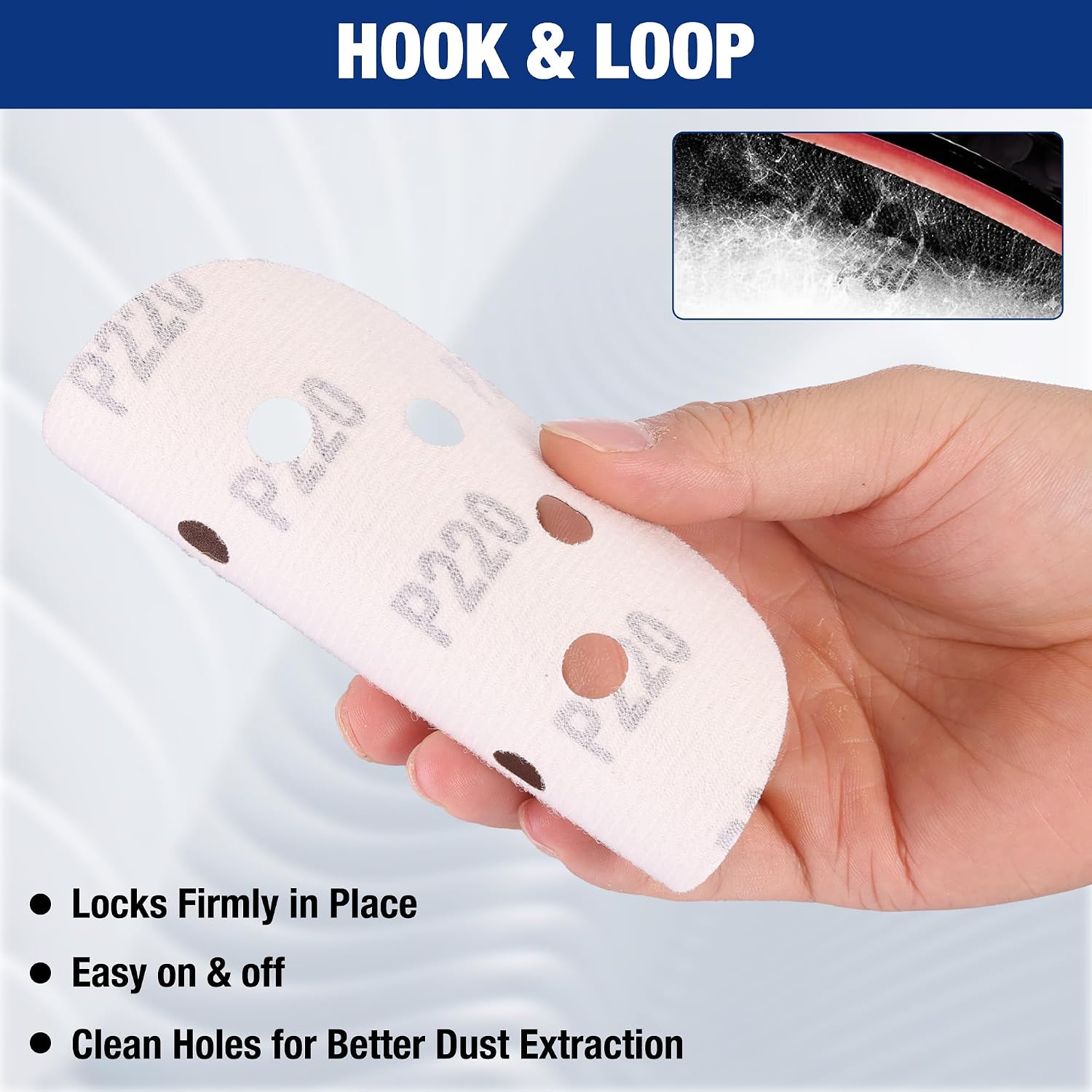 Hook-and-loop sanding disc with white backing, 8 holes, printed P220