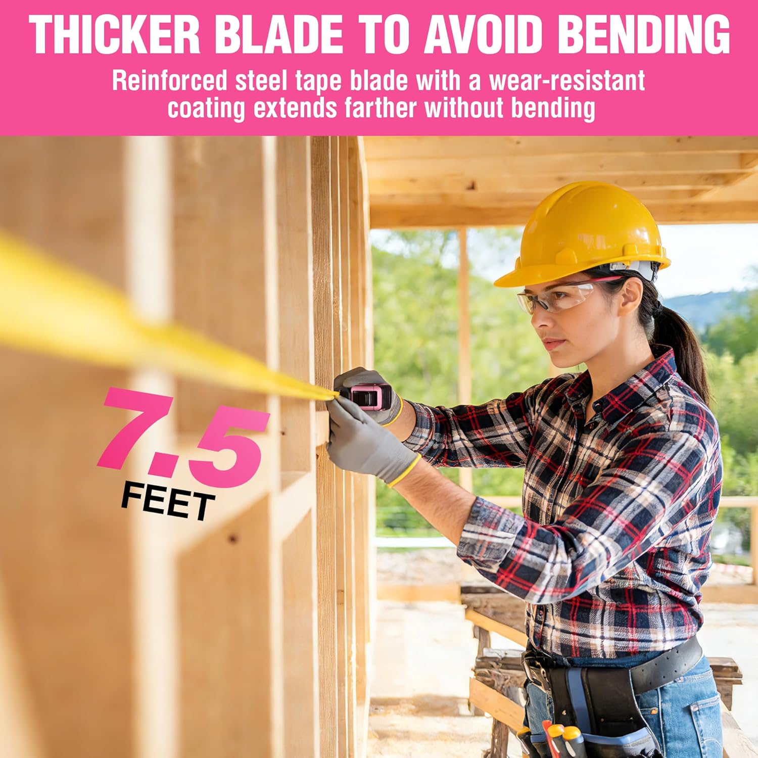 Pink self-lock tape measure held against wood with extended yellow measuring blade