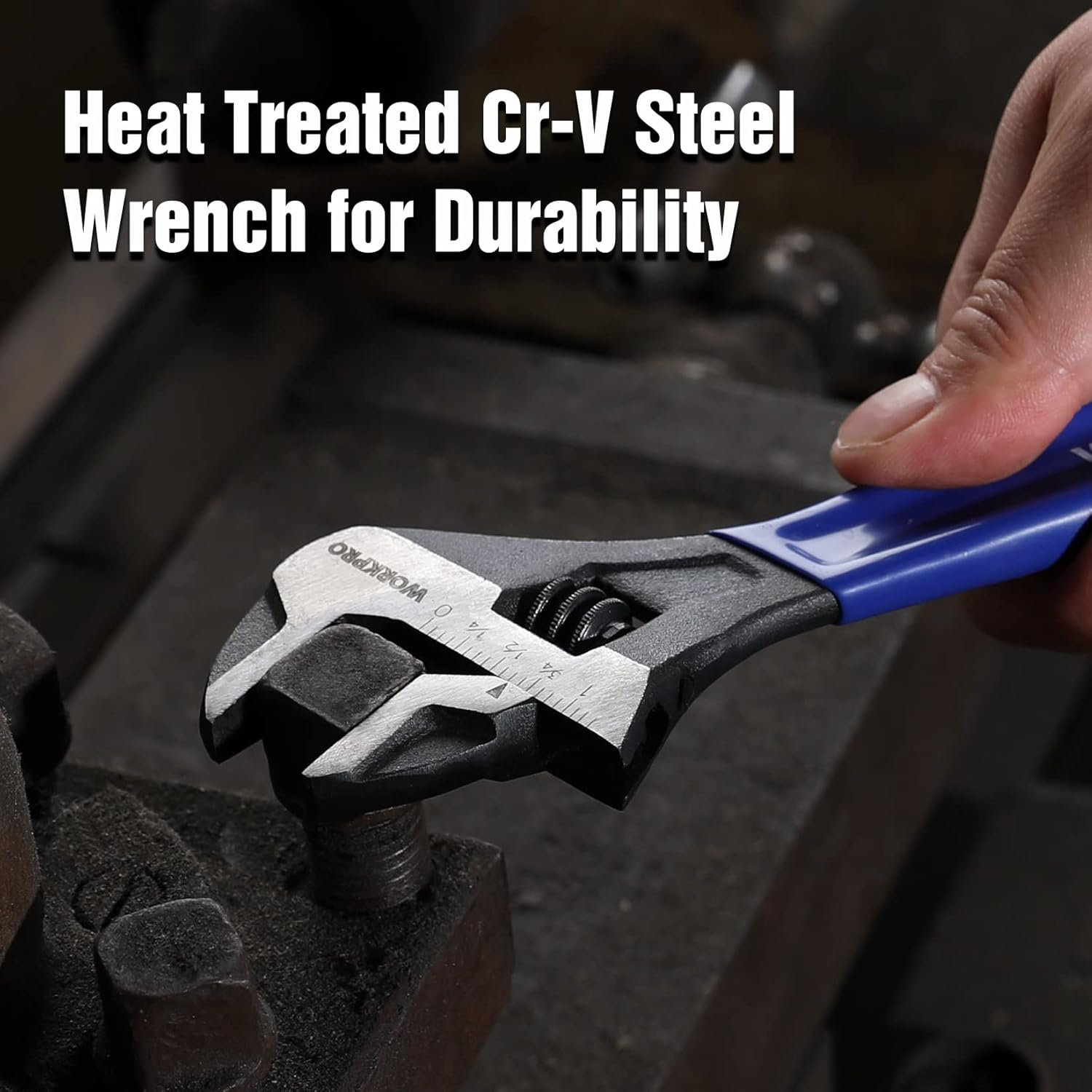Adjustable wrench held in hand, blue handle and jaw with Cr-V steel markings