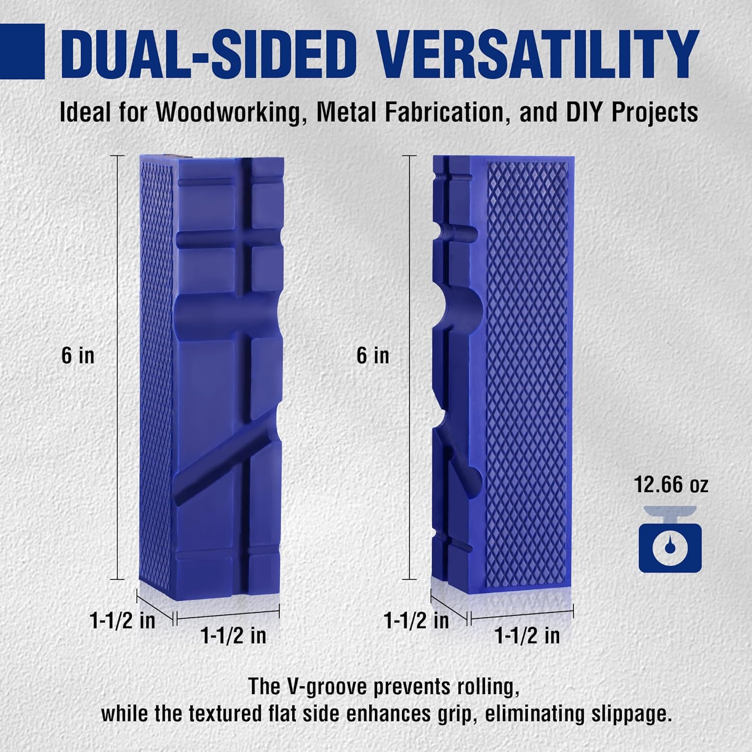 Blue TPU vise jaw pads, dual-sided V-groove and textured flat grip surfaces