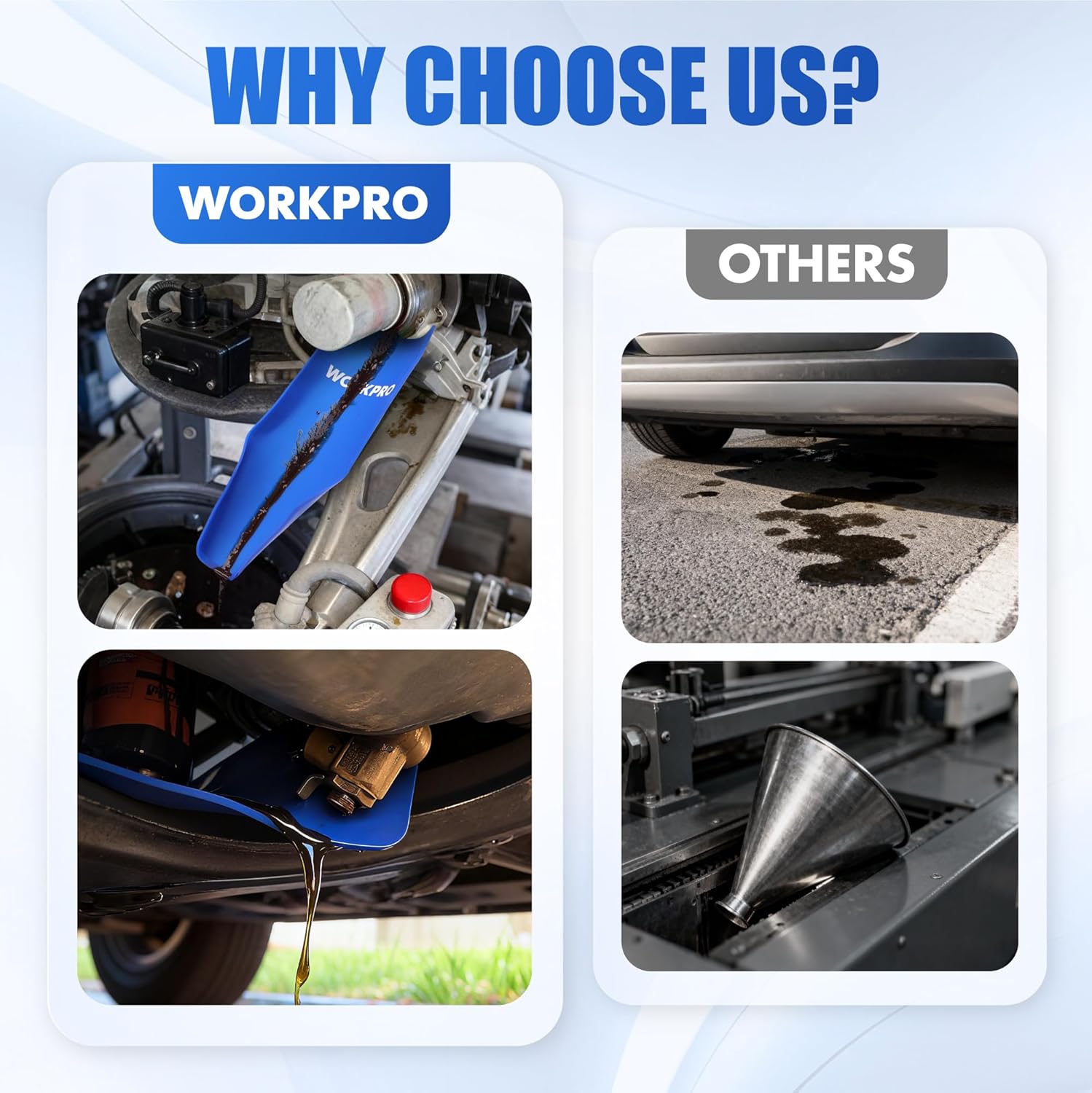 Blue oil funnel shown in engine oil-change use, ready for clean pouring