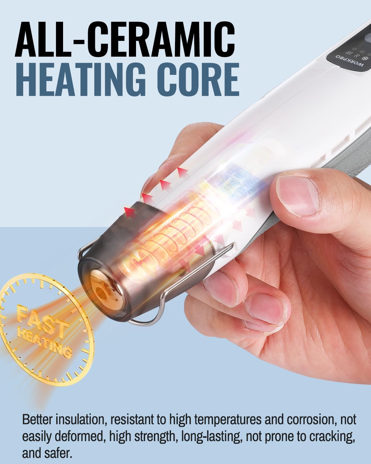 Mini cordless heat gun with ceramic heating core, shown in close-up with hands