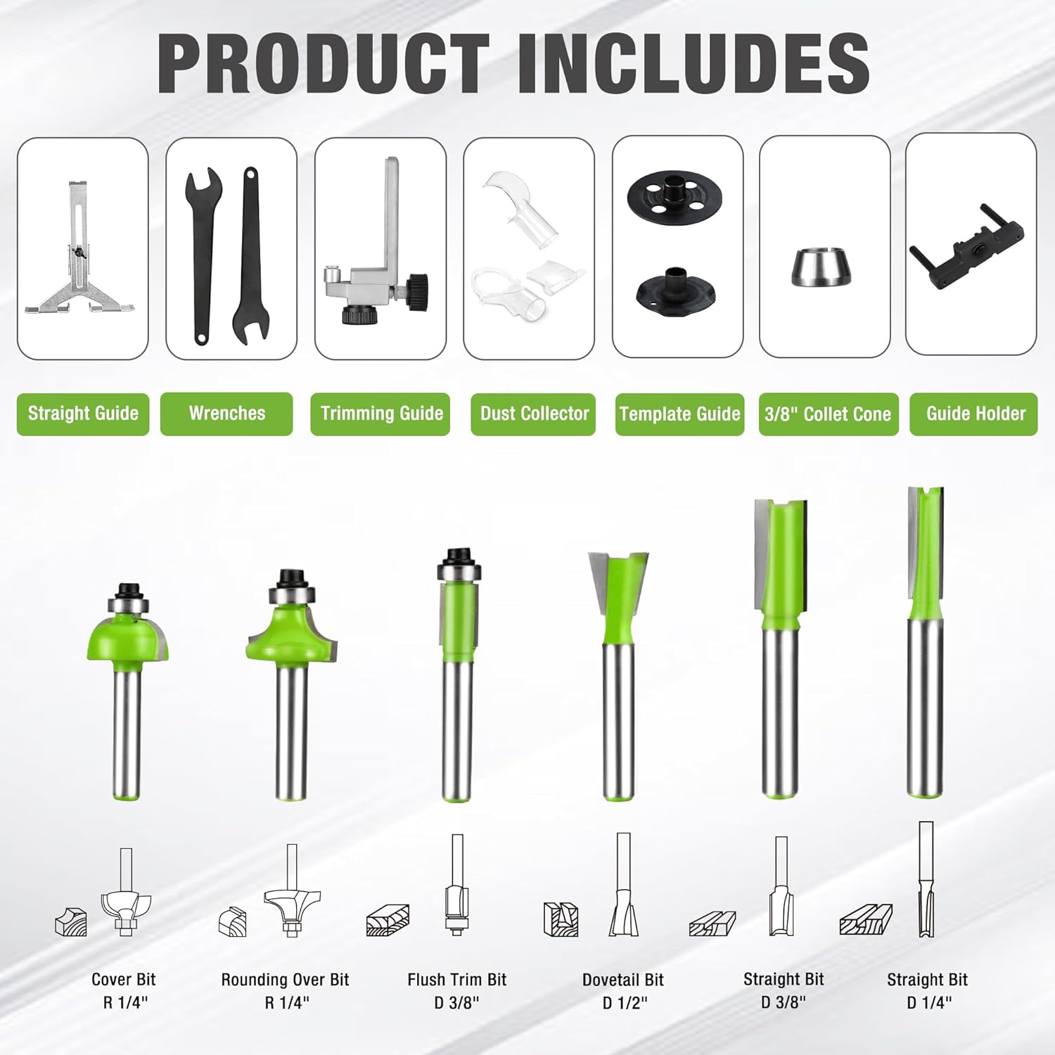 Compact router combo kit accessories set with guides, wrenches, template guide