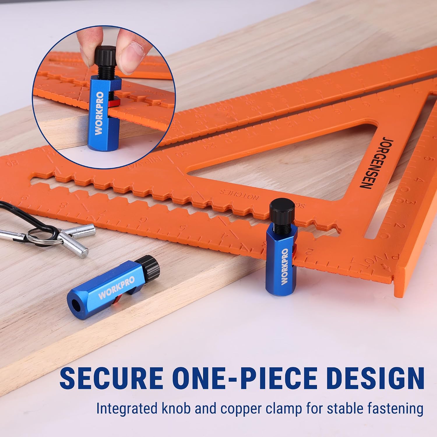 WORKPRO stair gauge clamp on a framing square, blue body with black knob and red pad