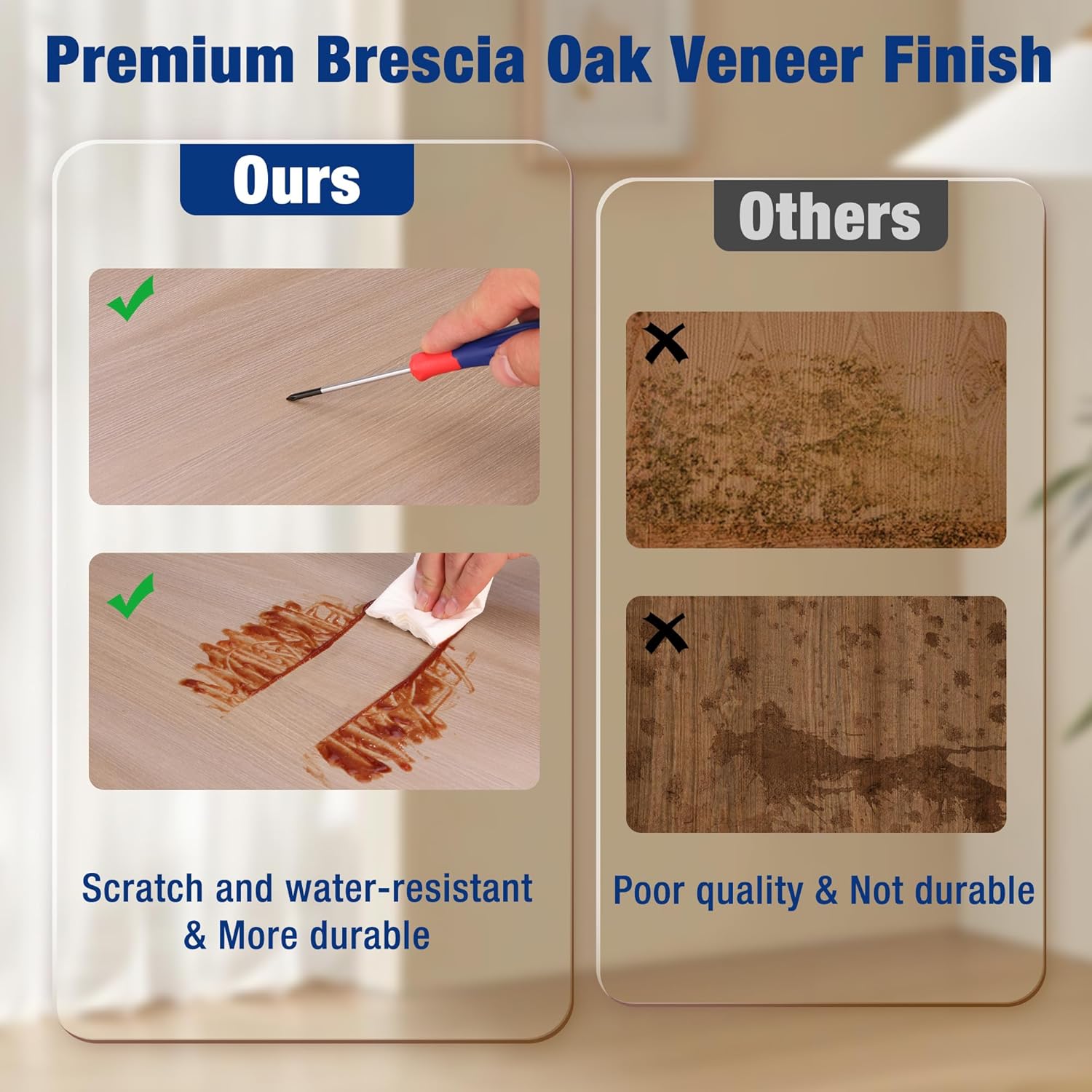 Wood board surface sample with hand cleaning, scratch-resistant finish detail