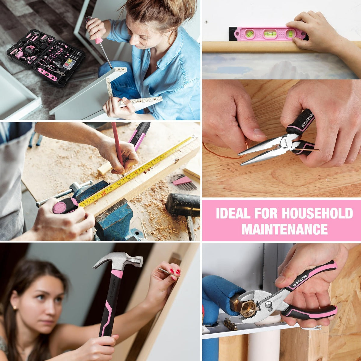 Pink cordless drill driver used for household repairs, with hand holding screwdriver