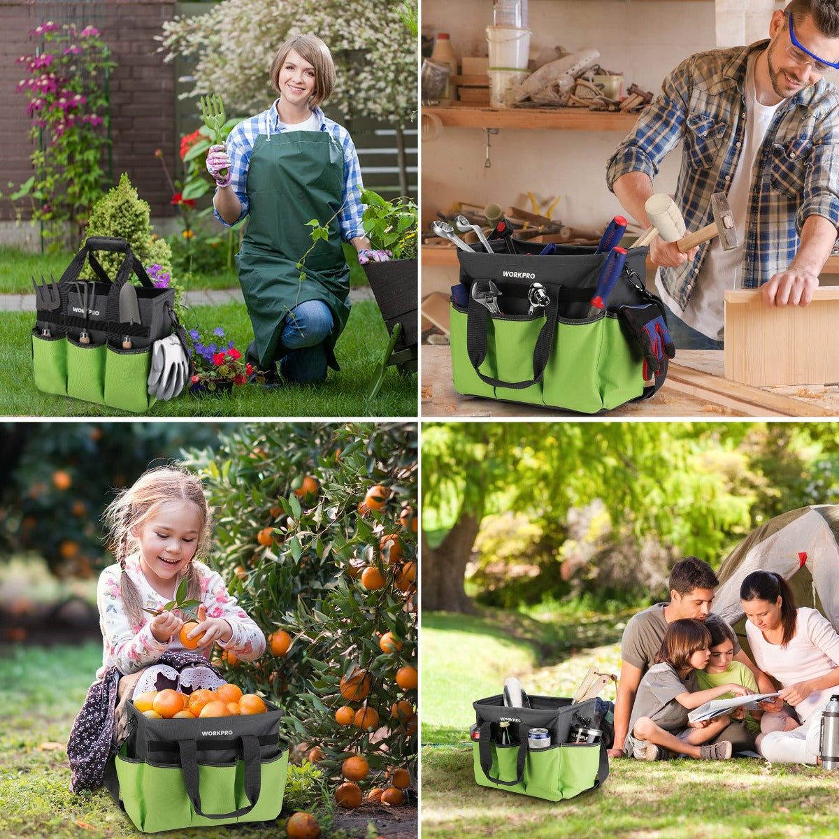 Garden tool tote bag in green and black with multiple pockets and adjustable shoulder strap