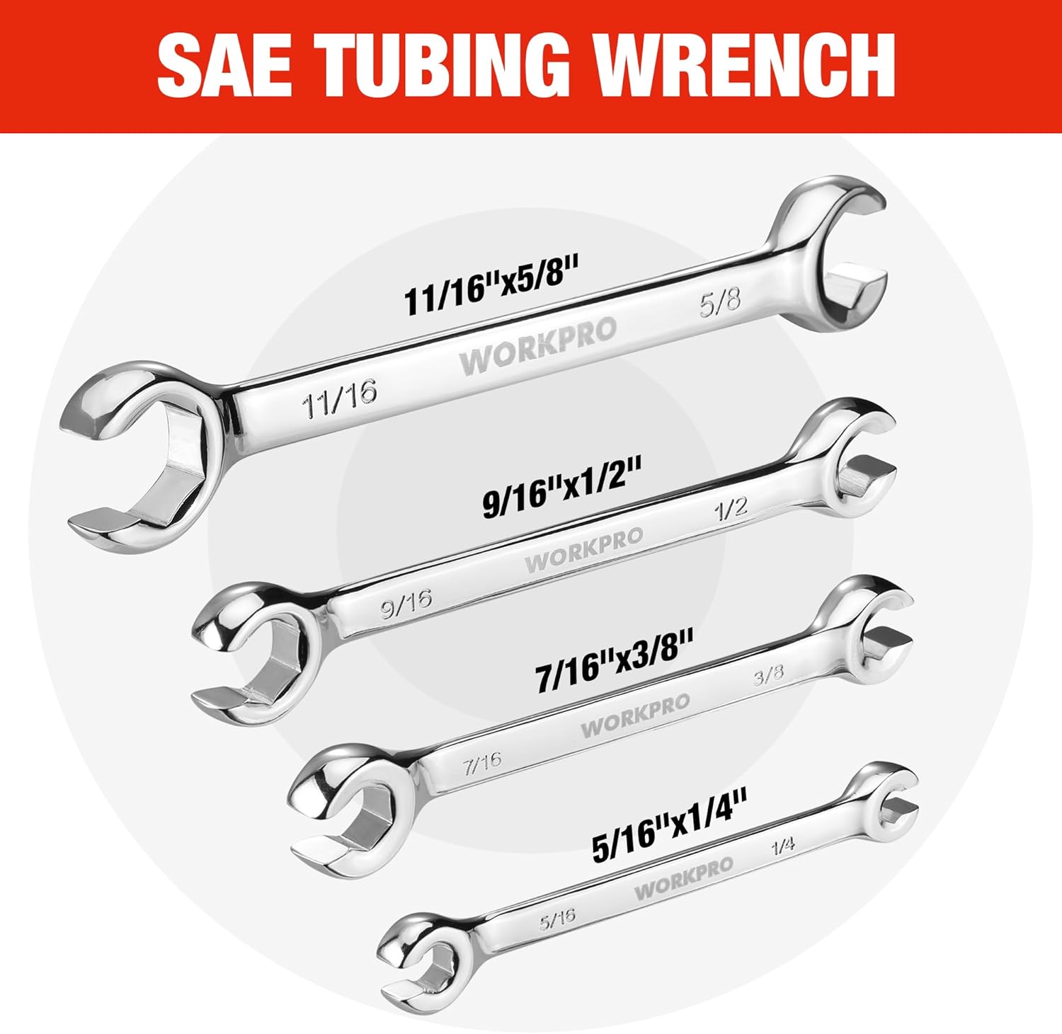 Chrome 15° offset flare nut wrench set, SAE open-end sizes