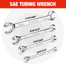 WORKPRO 4-Piece Flare Nut Wrench Set, SAE Brake Line Wrenches, 1/4", 5/16", 3/8", 7/16", 1/2", 9/16", 5/8", 11/16", Cr-V Steel, 15° Offset Head Tubing Wrench, Organizer Pouch Included