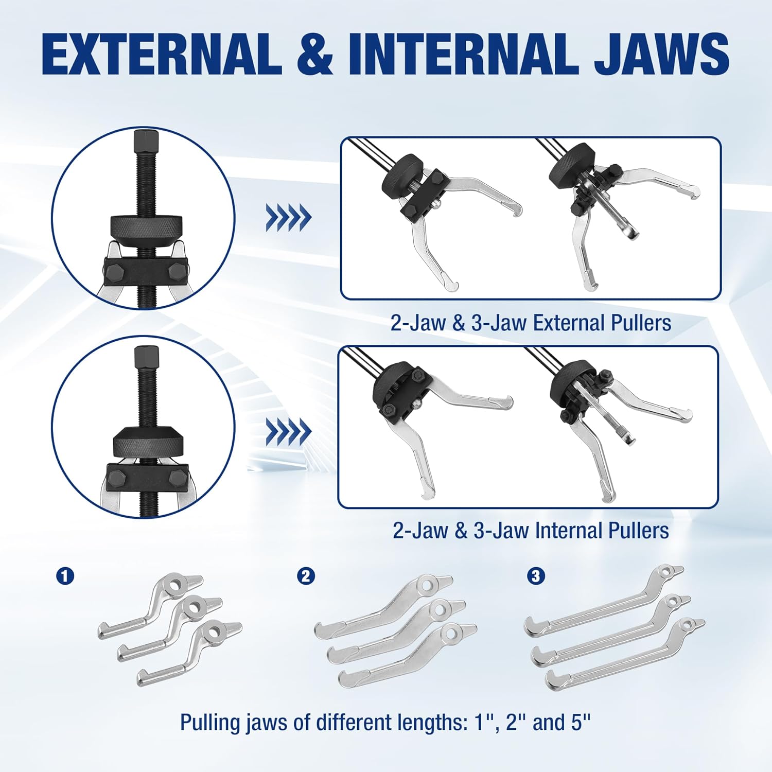 2-jaw and 3-jaw external and internal pullers with different jaw lengths