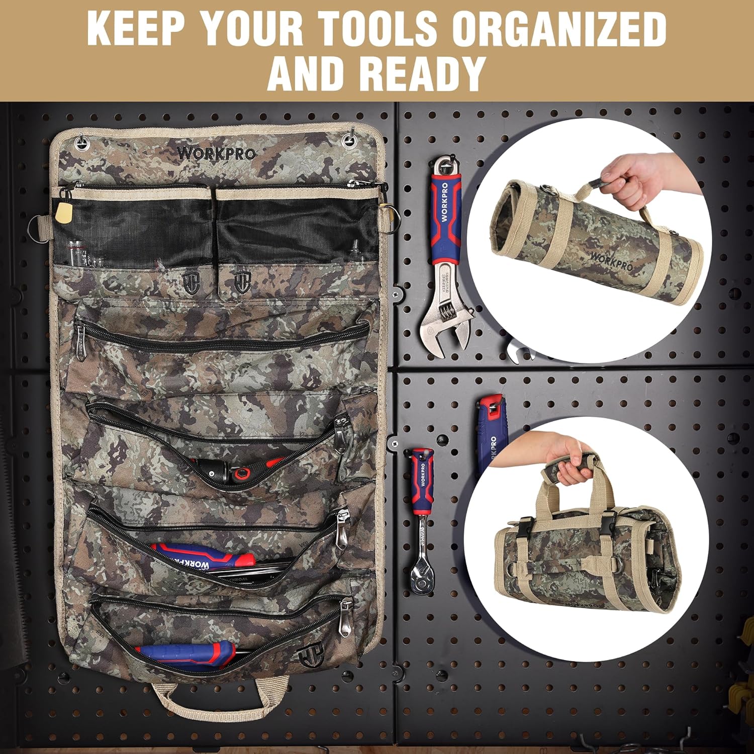Camo roll tool bag with hanging multi-pocket organizer and carry handle