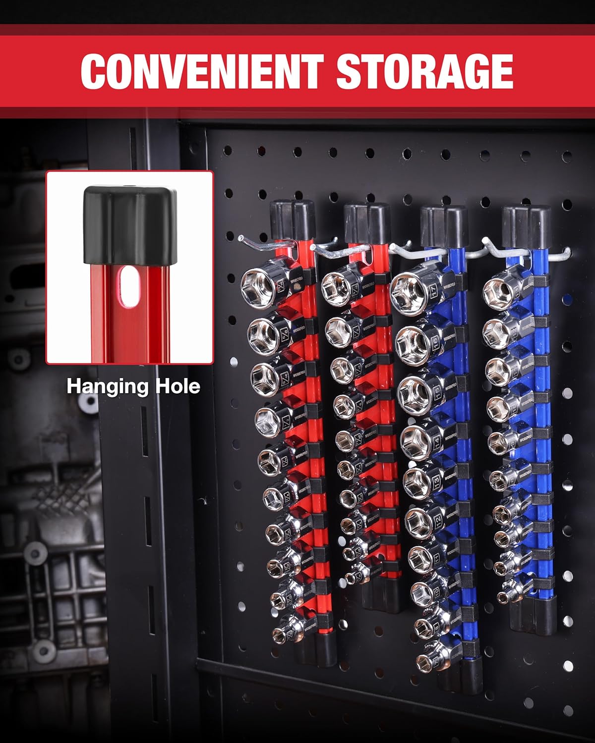 Socket set organizer rail with hanging hole, holds multiple sockets