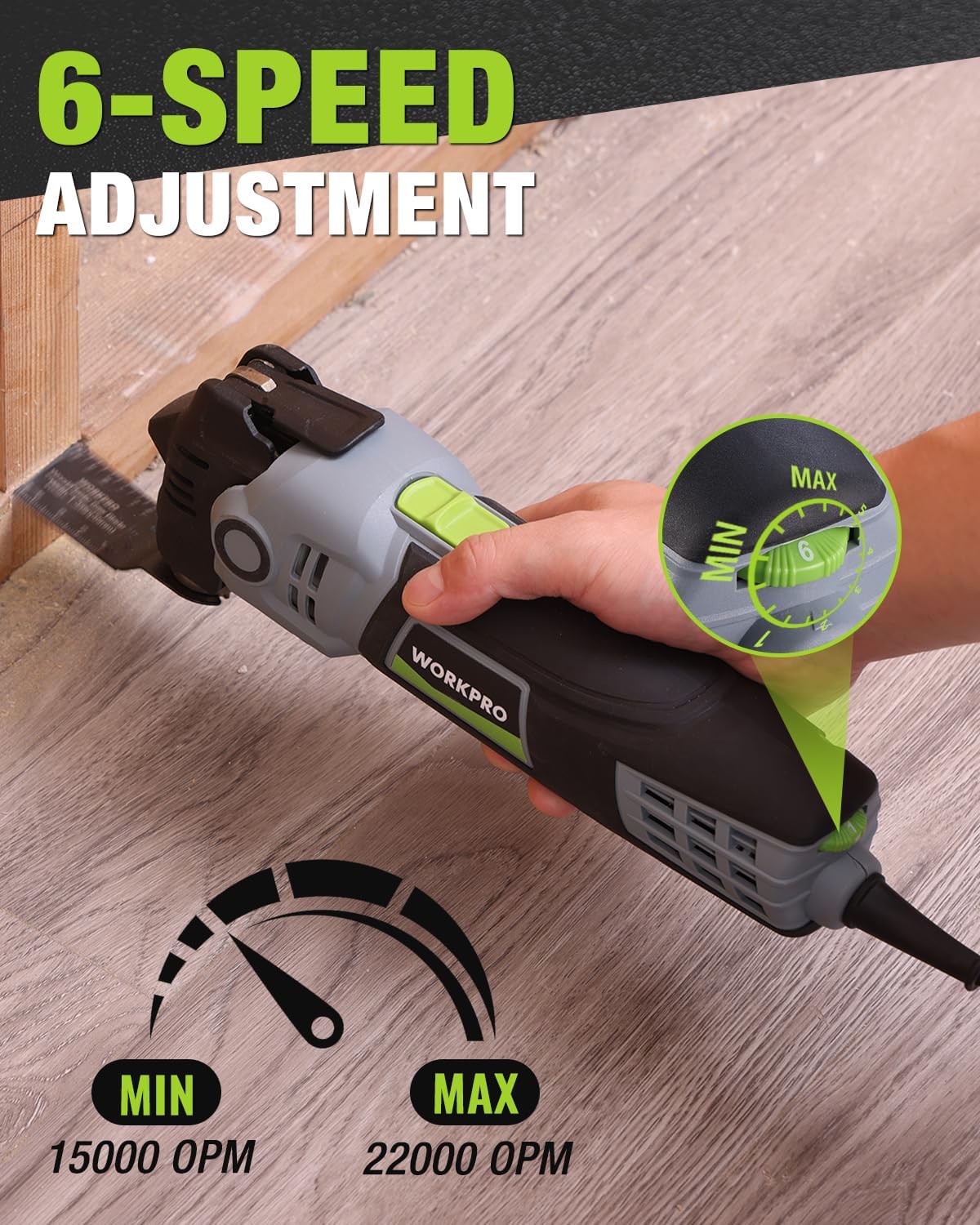 WORKPRO 6-speed oscillating multi-tool with speed dial on wood surface
