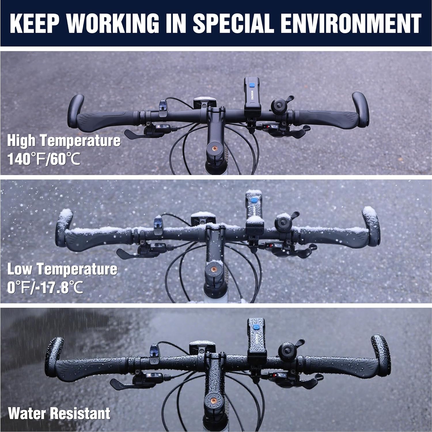 Water-resistant rechargeable bike light set on handlebars, front white headlight and rear red taillight