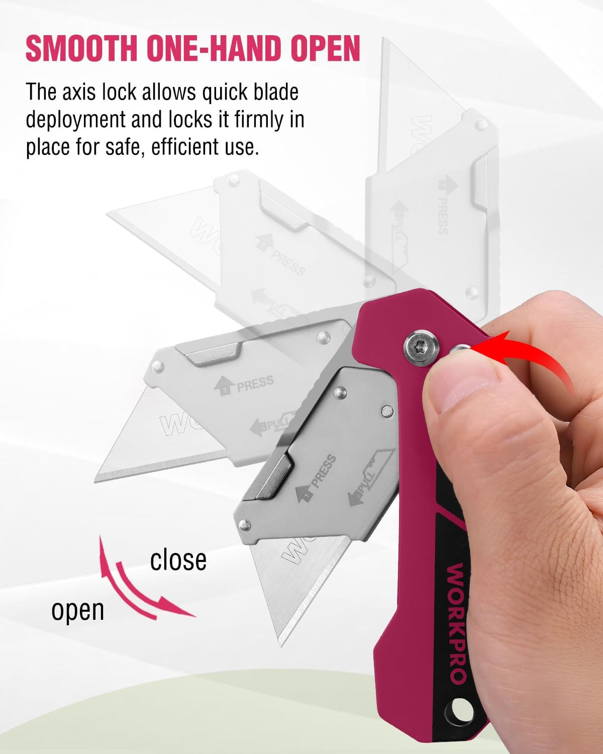 Pink folding utility knife with one-hand open blade lock mechanism
