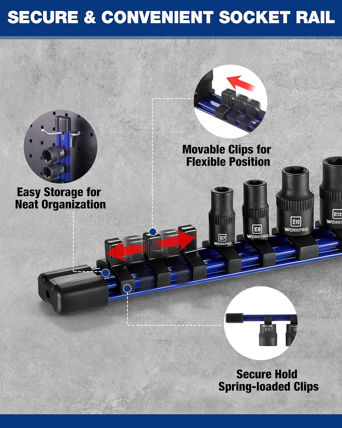 Secure E-Torx socket rail with spring clips and movable holders