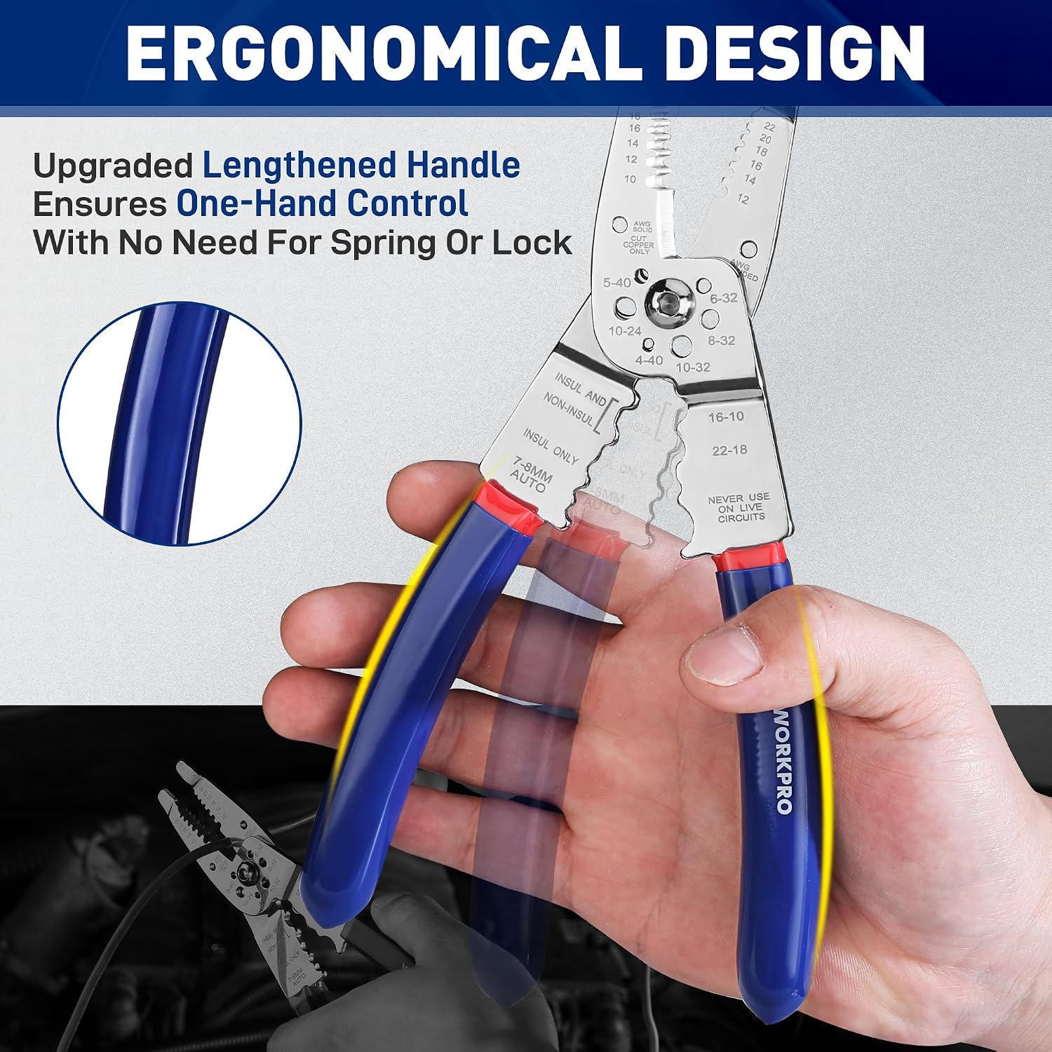 Ergonomic wire stripping pliers with blue comfort handles and stainless steel stripping gauge